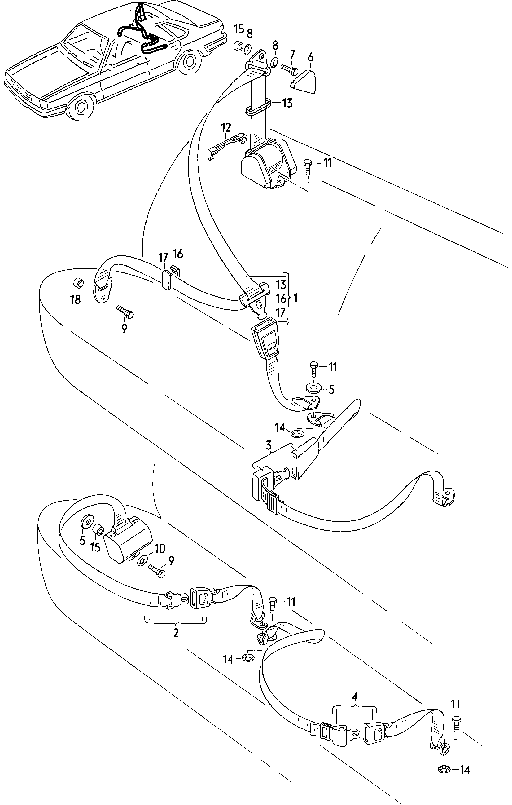 Схема ЕТКА Audi Ремни безопасности (Кузов) для Audi Audi 80/90/Avant 1981  (Европа)