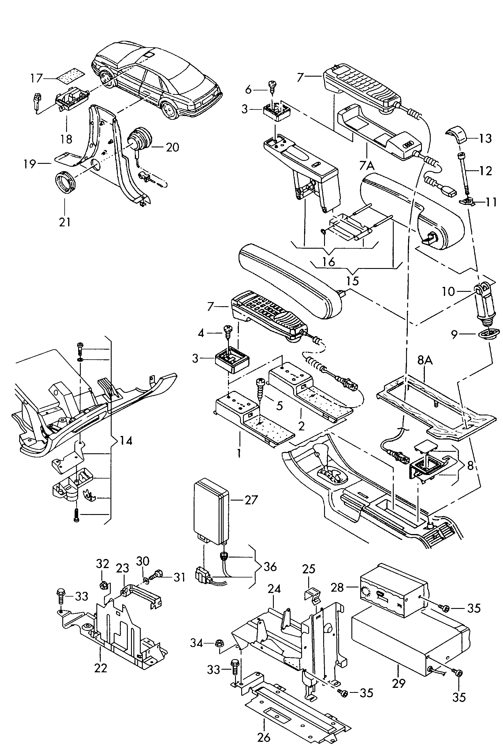Схема ЕТКА Audi Телефон;Держатель с деталями крепления системы  Telepass-Card;Навигационная система (Кузов) для Audi Audi A8 1997 (FAW-VW)