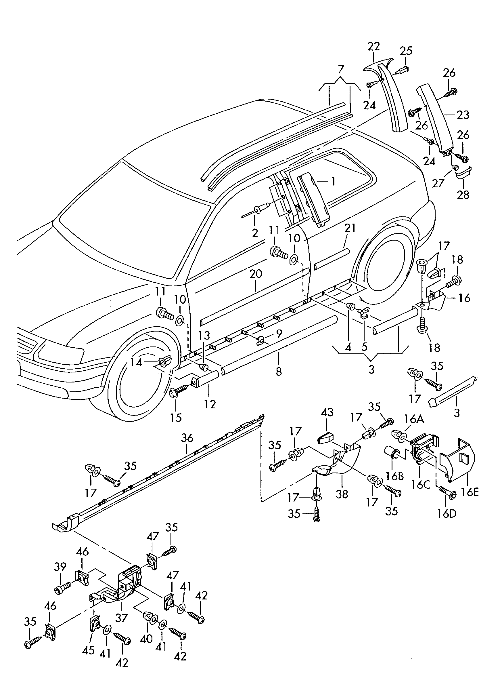 Схема ЕТКА Audi Защитные молдинги;Декоративная накладка крыши (Кузов) для  Audi Audi A3 2004 (Мексика)