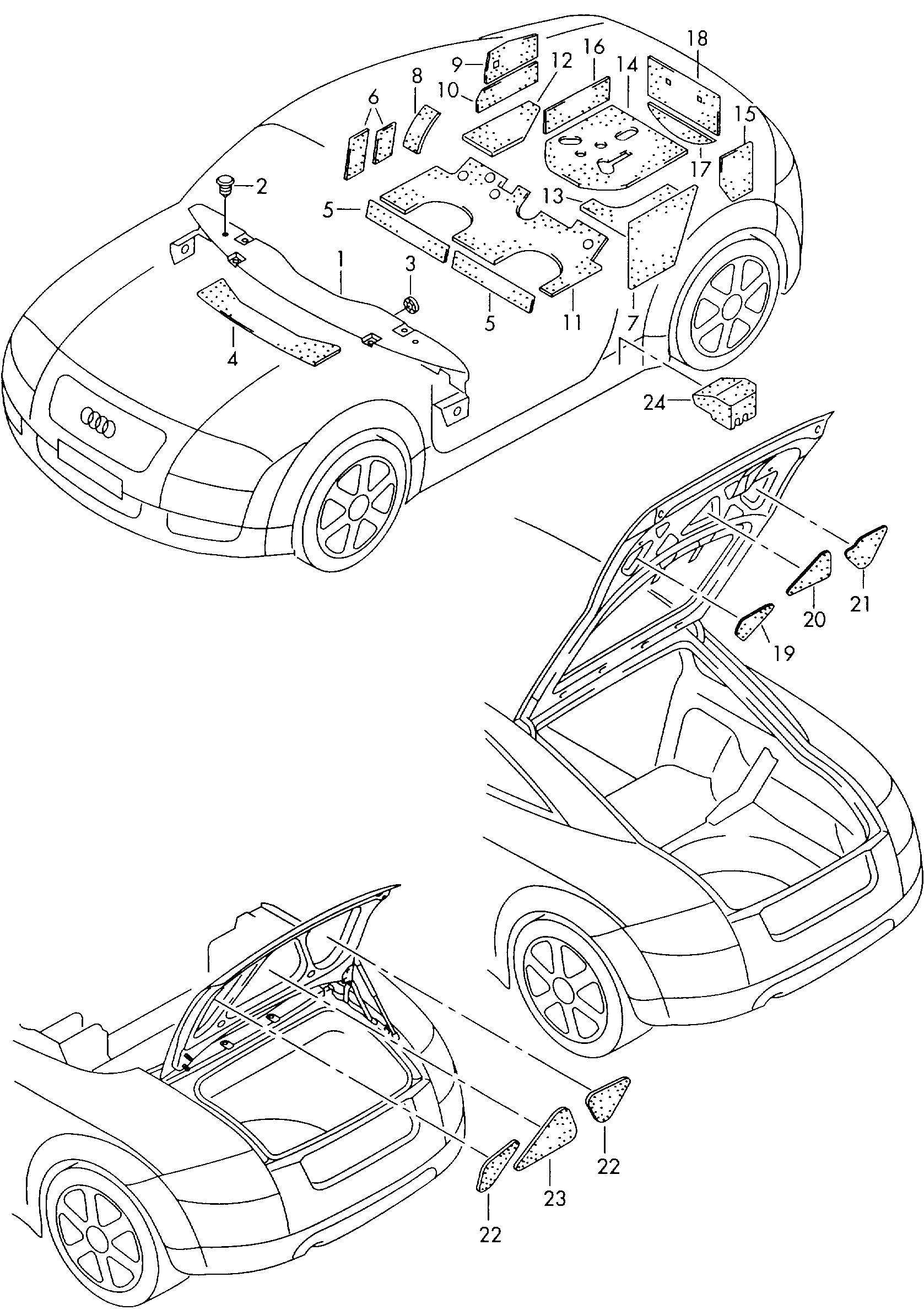 Схема ЕТКА Audi Шумоизоляция для пола;Шумоизоляция боковой части;Шумоизоляция  ниши запасного колеса;Шумоизоляция для крышки (Кузов) для Audi Audi TT/TTS  Coupe/Roadster 2000 (Мексика)