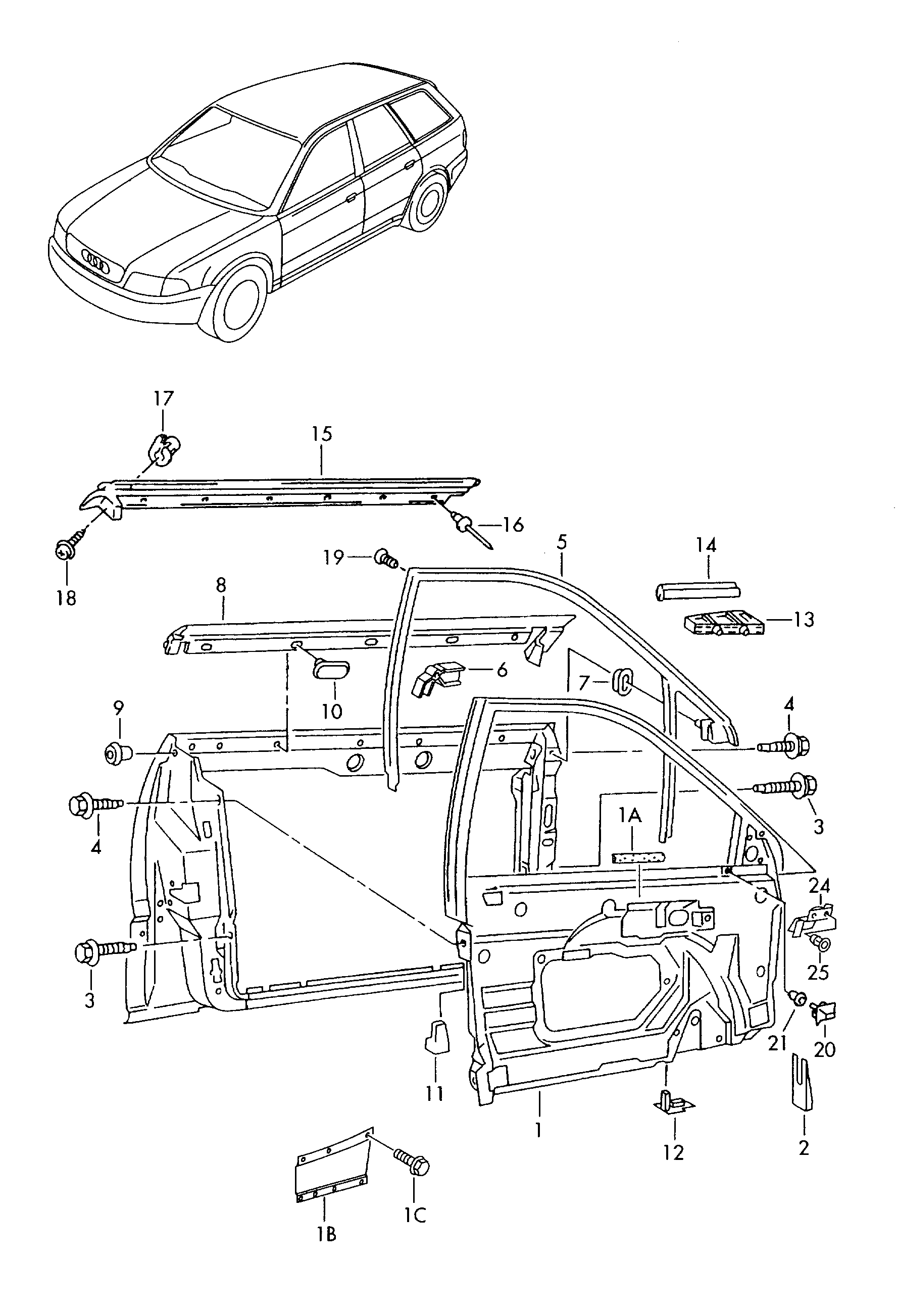 Схема ЕТКА Audi Основание для деталей и узлов двери с рамкой стекла двери  (Кузов) для Audi Audi RS4 Avant qu. 2001 (Мексика)