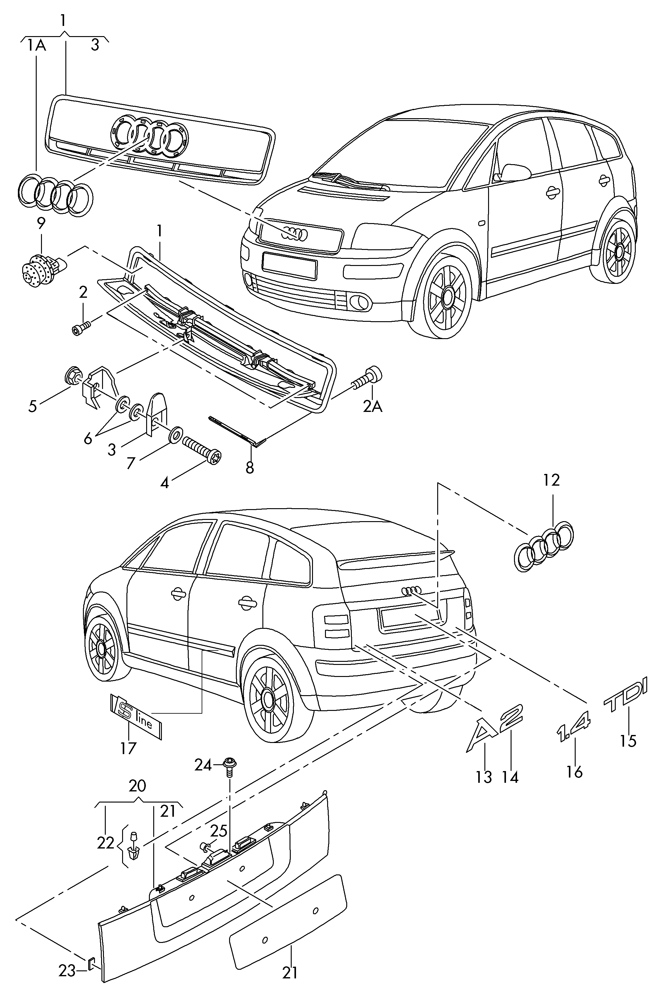 Схема ЕТКА Audi Панель для номерного знака (Кузов) для Audi Audi A2 2005  (Европа)