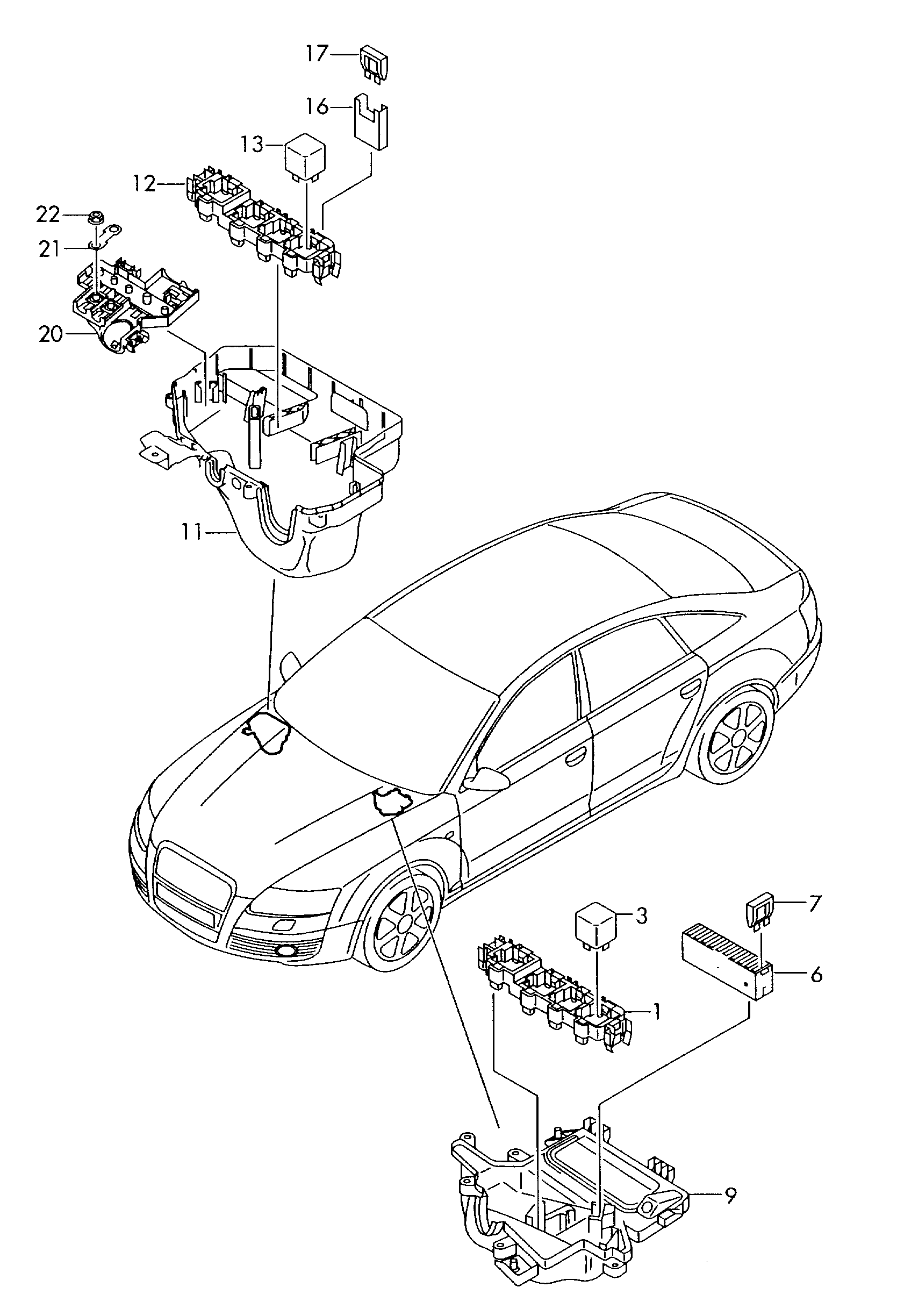 Схема ЕТКА Audi Колодка реле и реле;Короб водоотводящий  (Электрооборудование) для Audi Audi A6 allroad quattro 2010 (Европа)