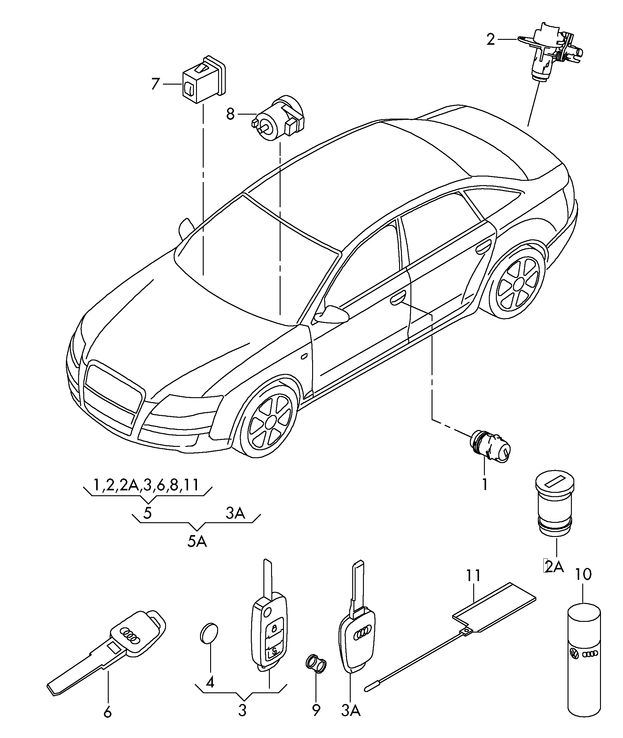 Схема ЕТКА Audi Личинка замка;Ключ (Кузов) для Audi Audi A4/S4/Avant/qu.  2007 (FAW-VW)