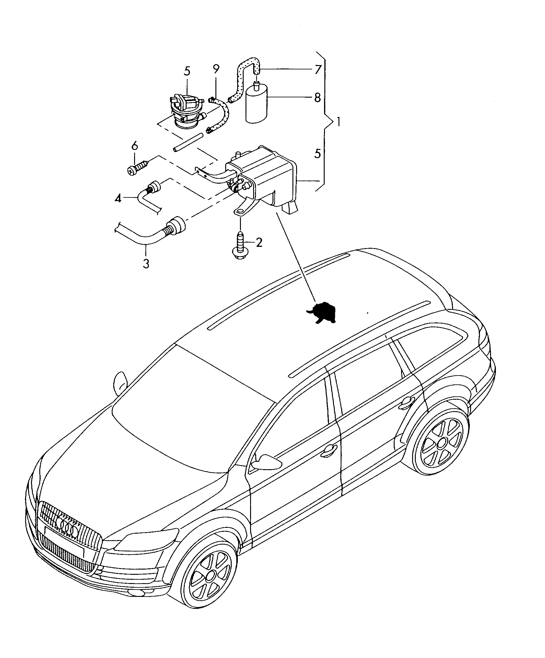 Схема ЕТКА Audi Cистема улавл. паров топлива;Диагностический насос топлив-  ной системы (Cис.питания,выпуска,охлаждения) для Audi Audi Q7 2015 (США)