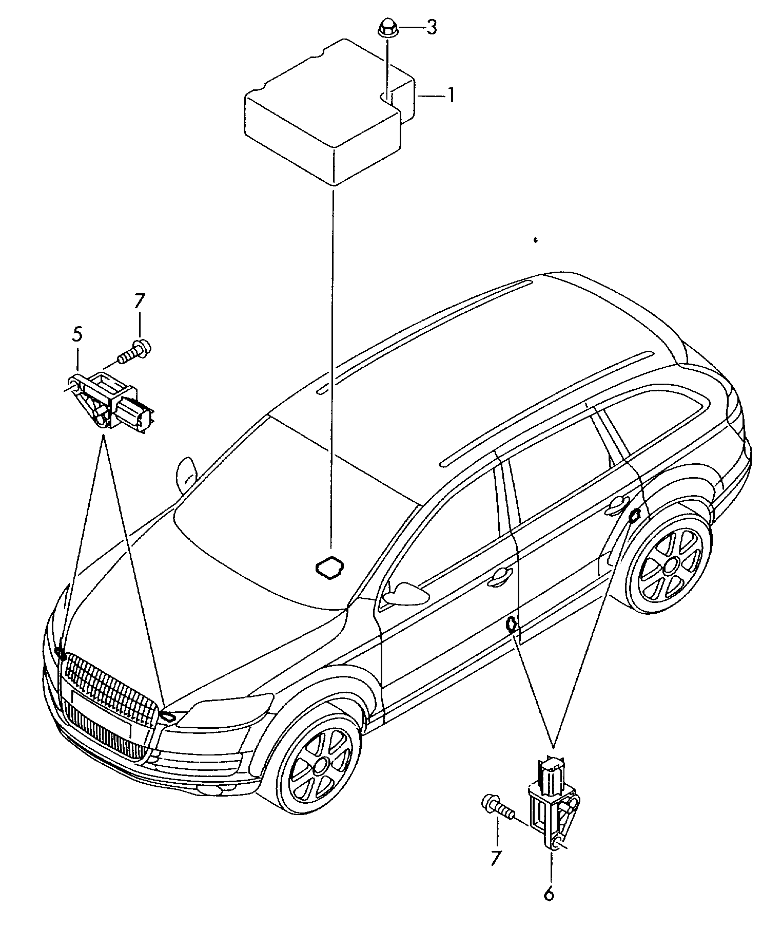 Схема ЕТКА Audi Датчик поперечного ускорения -ДАТЧИК УДАРА-  (Электрооборудование) для Audi Audi Q7 2007 (Мексика)