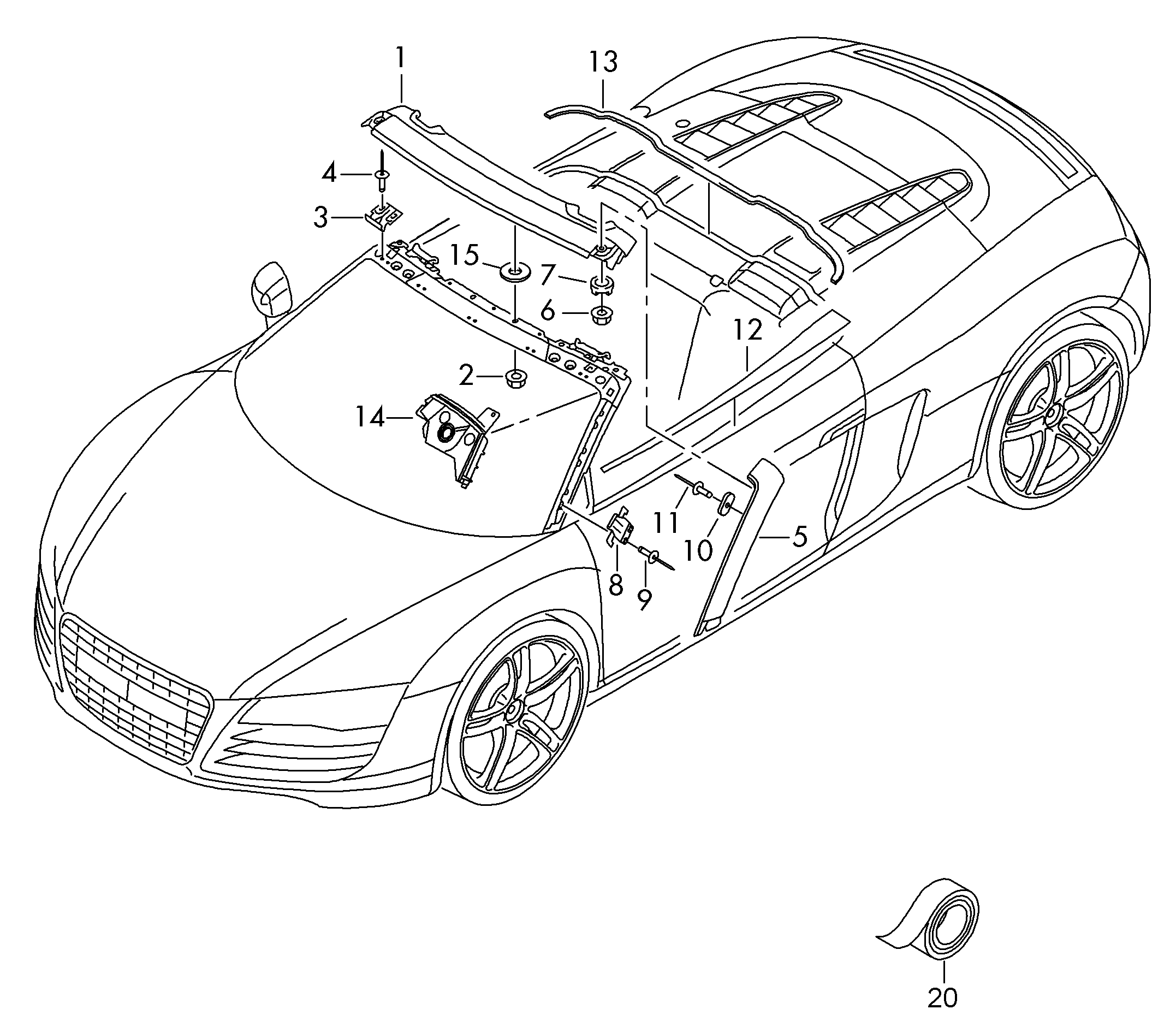 Схема ЕТКА Audi Накладка для усилителя крыши;Накладка для стойки А;Накладка  для двери;Декор. наклад. рамы скл. крыши (Кузов) для Audi Audi R8 2013  (Южная африка)