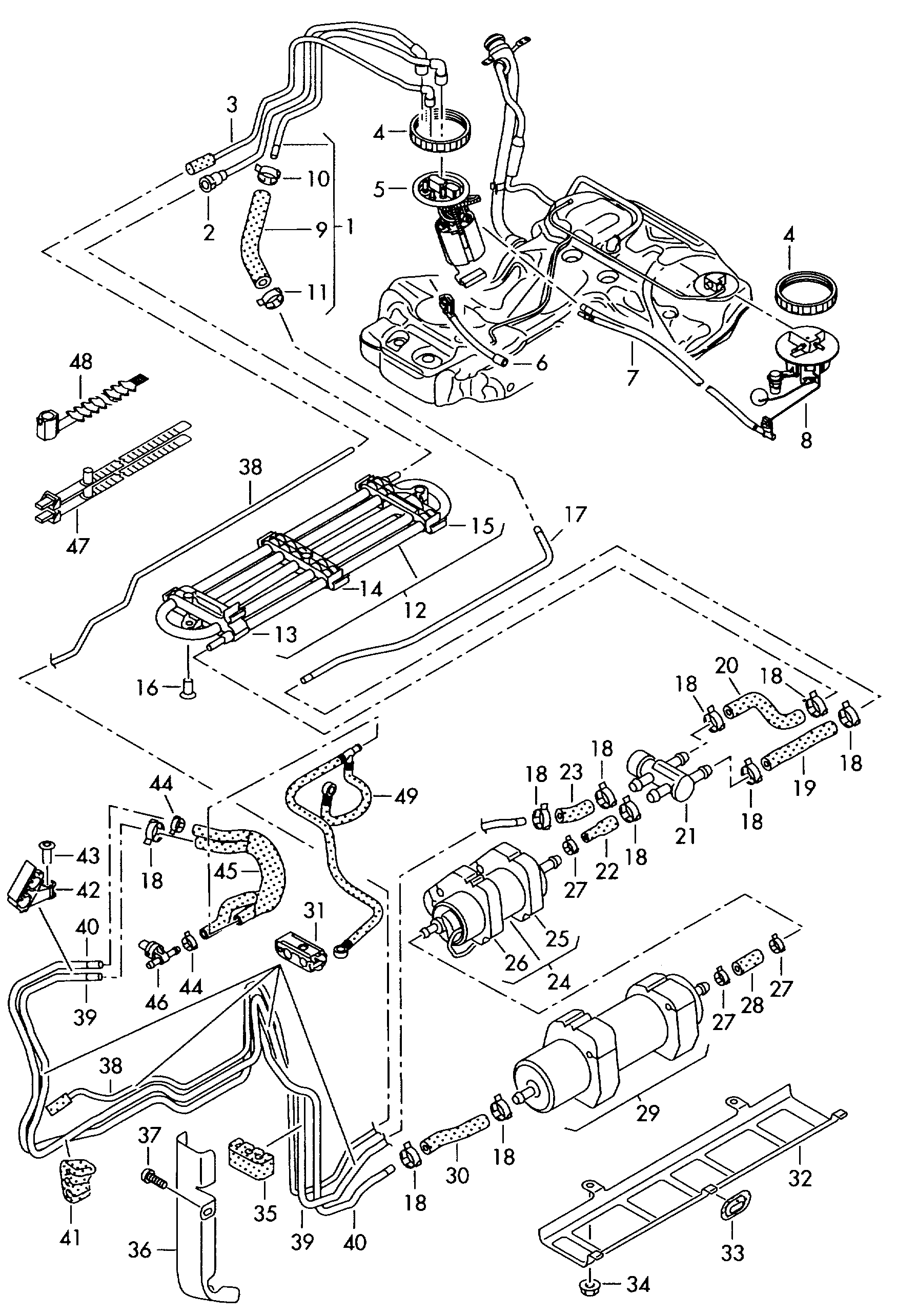 Схема ЕТКА Audi Топливопровод;Топливный радиатор;Топливный фильтр  (Cис.питания,выпуска,охлаждения) для Audi Audi A4/Avant 2008 (Мексика)