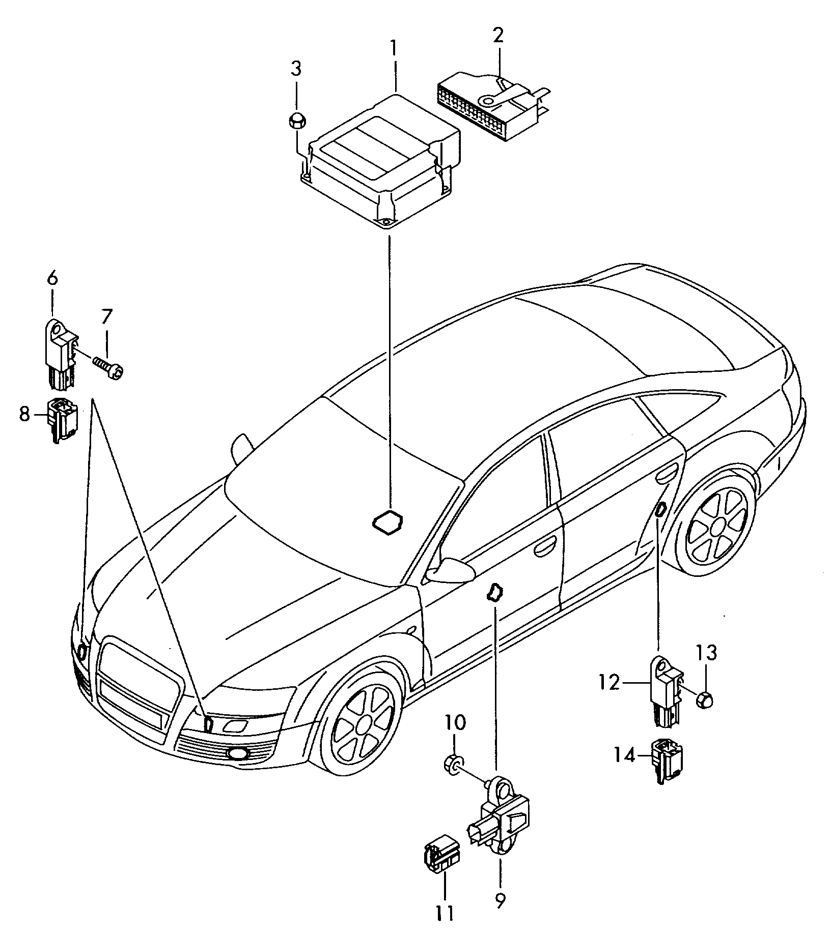 Схема ЕТКА Audi Датчик поперечного ускорения -ДАТЧИК УДАРА-  (Электрооборудование) для Audi Audi A8/S8 quattro 2008 (Аргентина)