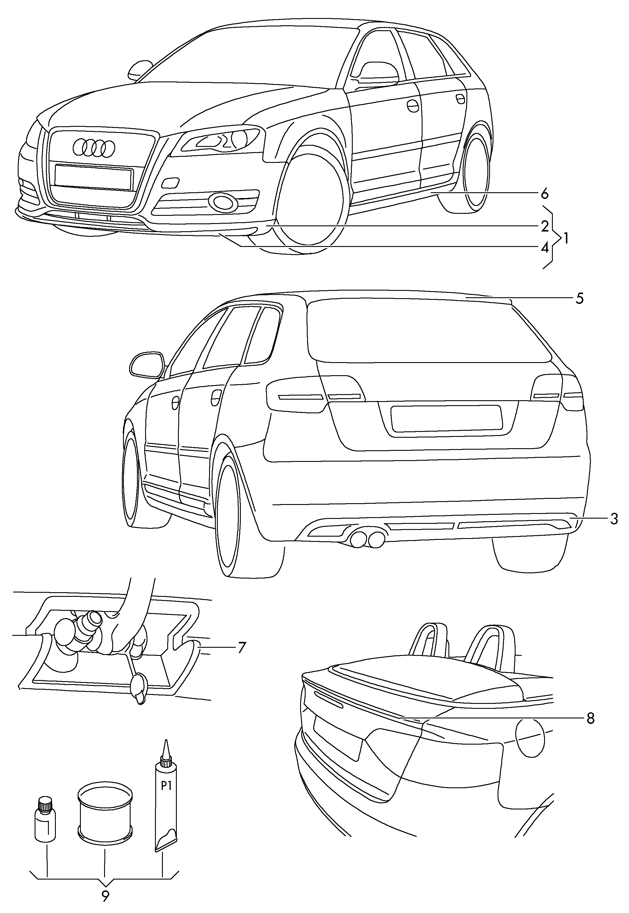 Схема ЕТКА Audi Оригинальные аксессуары;Набор для приклеивания деталей  аэродинамического обвеса (Аксессуары, Infotainment) для Audi Audi  A3/S3/Sportb/qu. 2011 (Мексика)