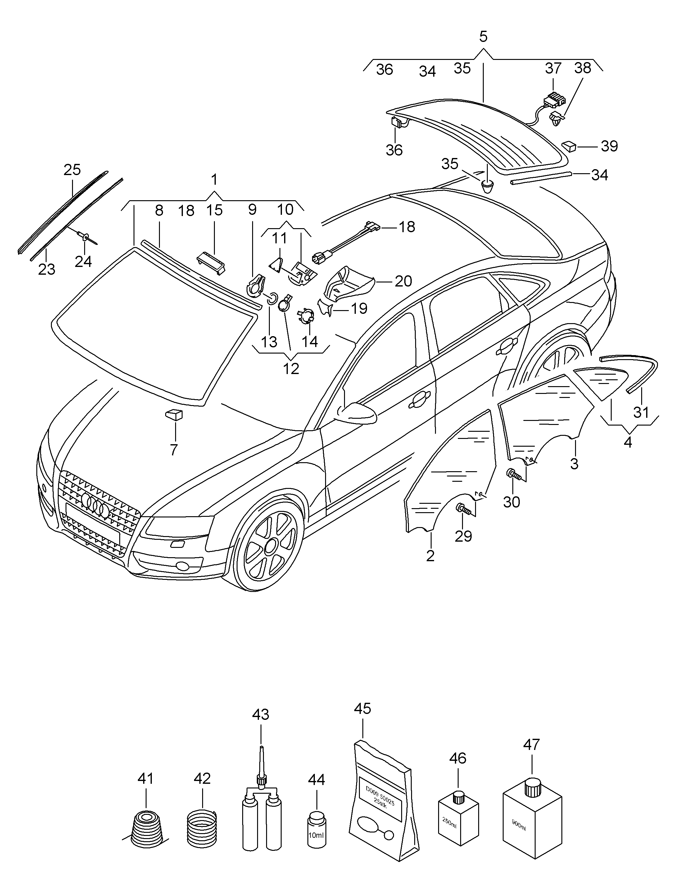 Схема ЕТКА Audi Замена стёкол;Клеящий и уплотняющий материал (Кузов) для  Audi Audi A5/S5/Coupe/Sportback 2017 (Аргентина)