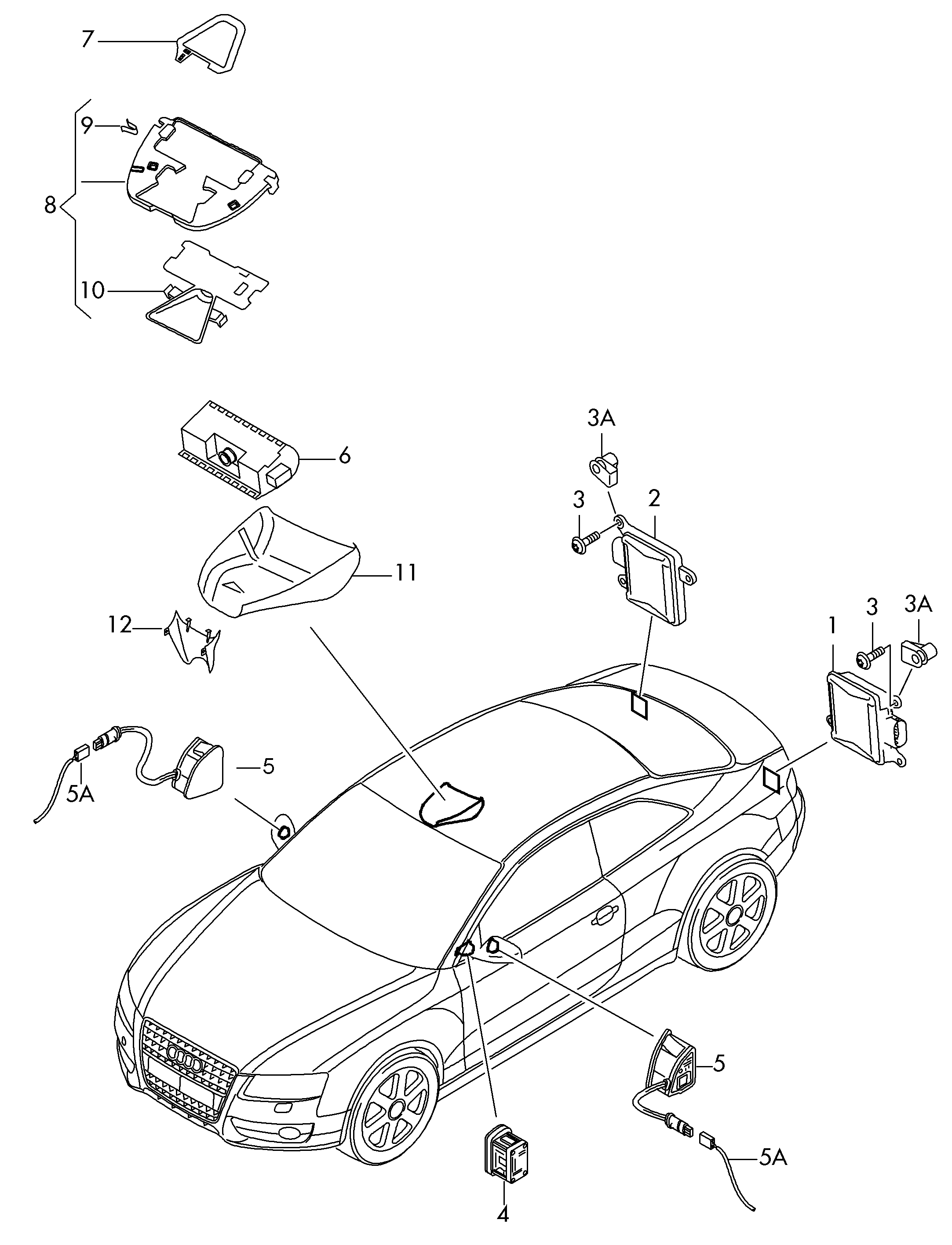 Схема ЕТКА Audi Блок управления ассистента смены полосы движ.  (Электрооборудование) для Audi Audi A5/S5 Coupe/Sportback 2017 (Мексика)