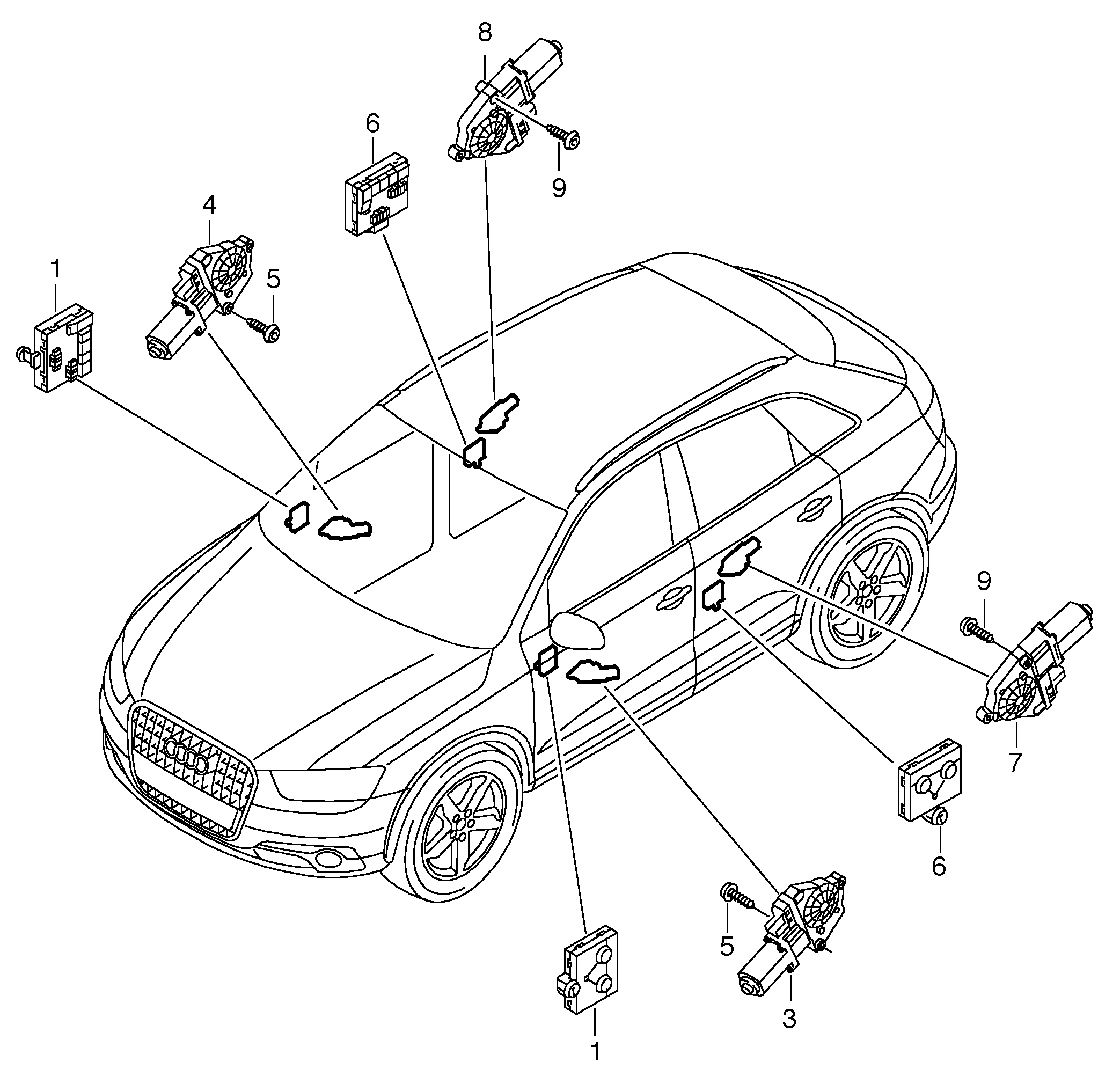 Схема ЕТКА Audi Эл.двигатель стеклоподъёмника (Электрооборудование) для  Audi Audi Q3 2016 (Аргентина)