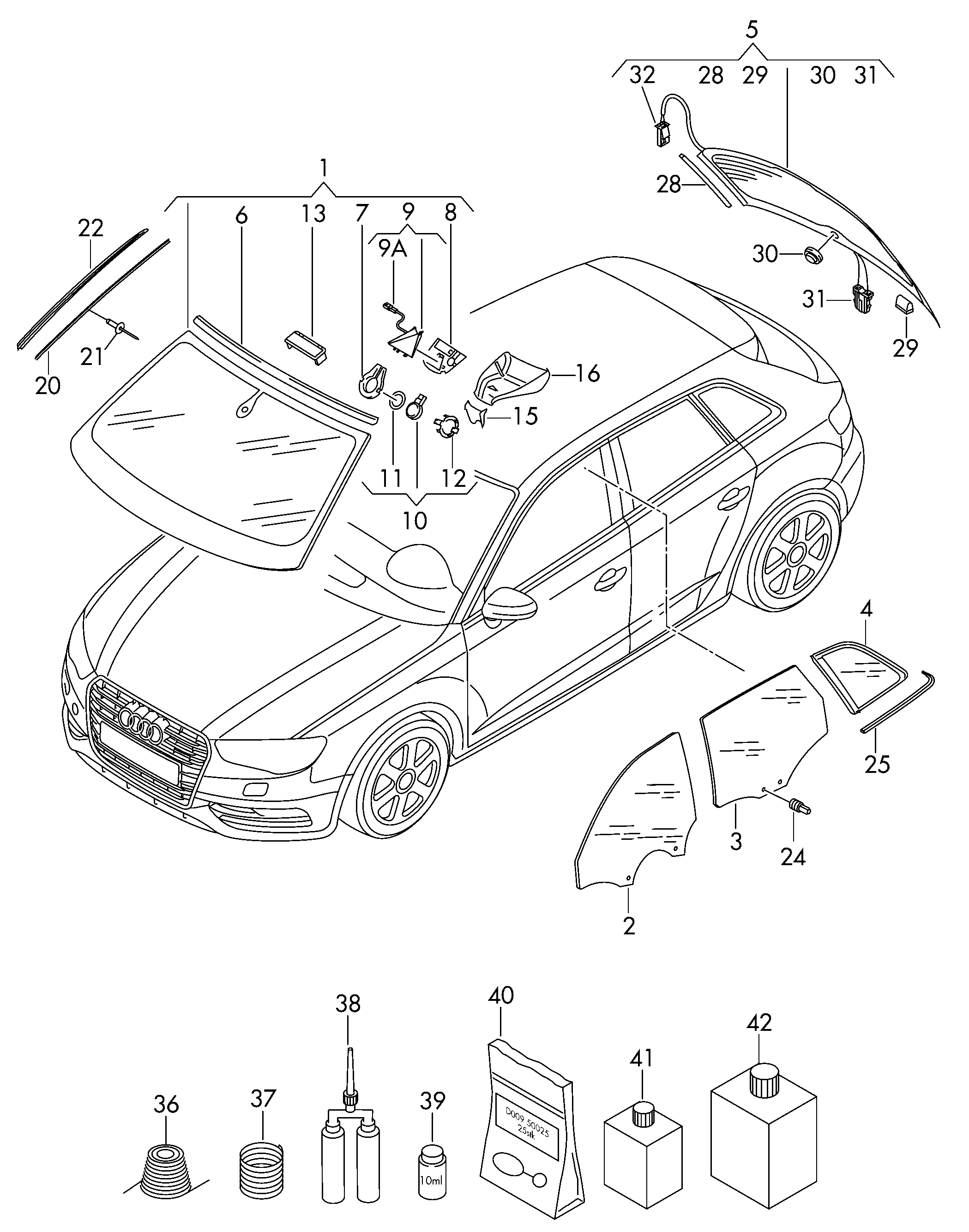 Схема ЕТКА Audi Замена стёкол;Клеящий и уплотняющий материал (Кузов) для  Audi Audi A3 Sportback 2017 (FAW-VW)