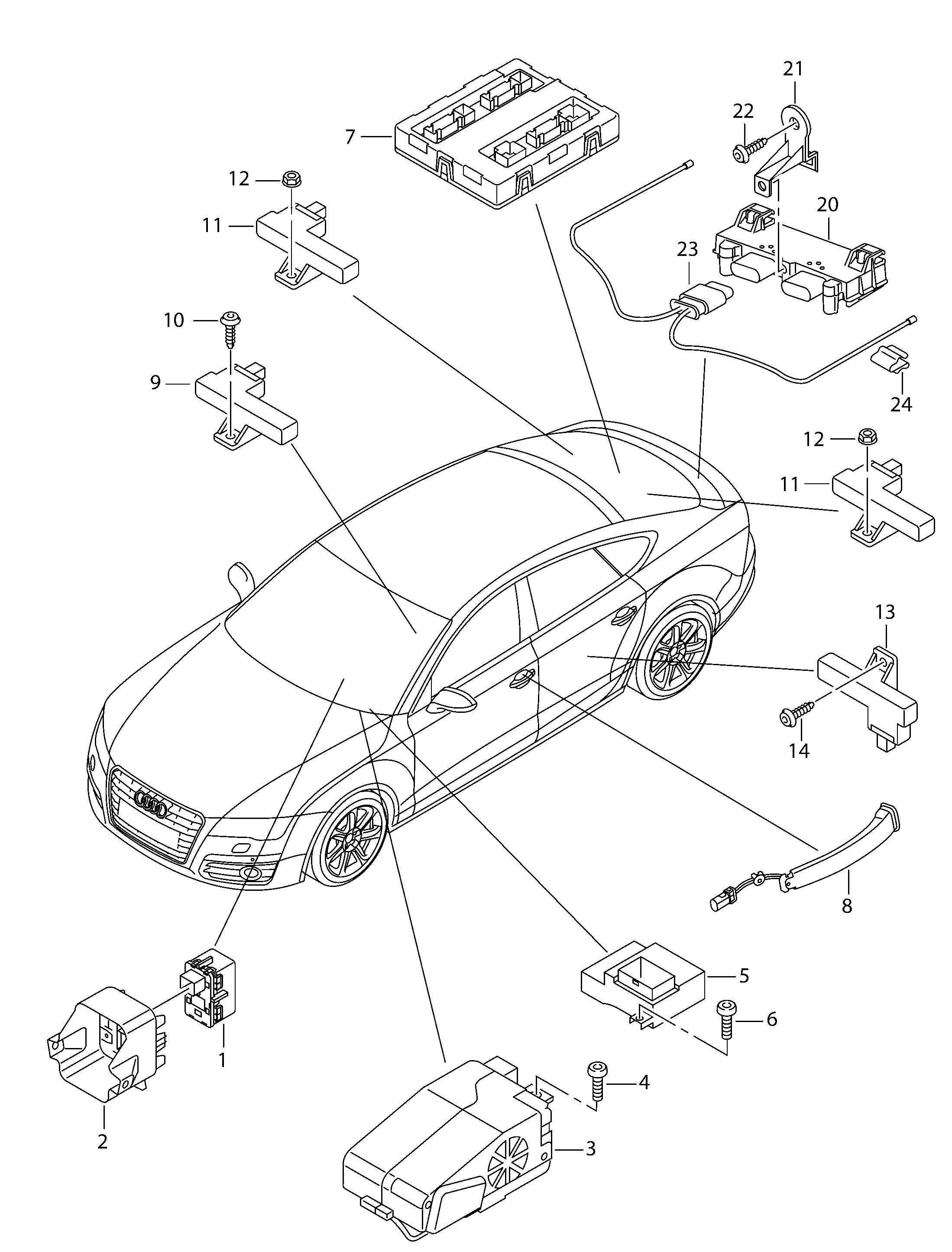 Схема ЕТКА Audi Катушка ситывания кода;Блок управления электрорегули-  руемой рулевой колонки;Антенна системы санкц. доступа и пуска двигателя  (KESSY) (Электрооборудование) для Audi Audi RS7 Sportback 2017 (Европа)