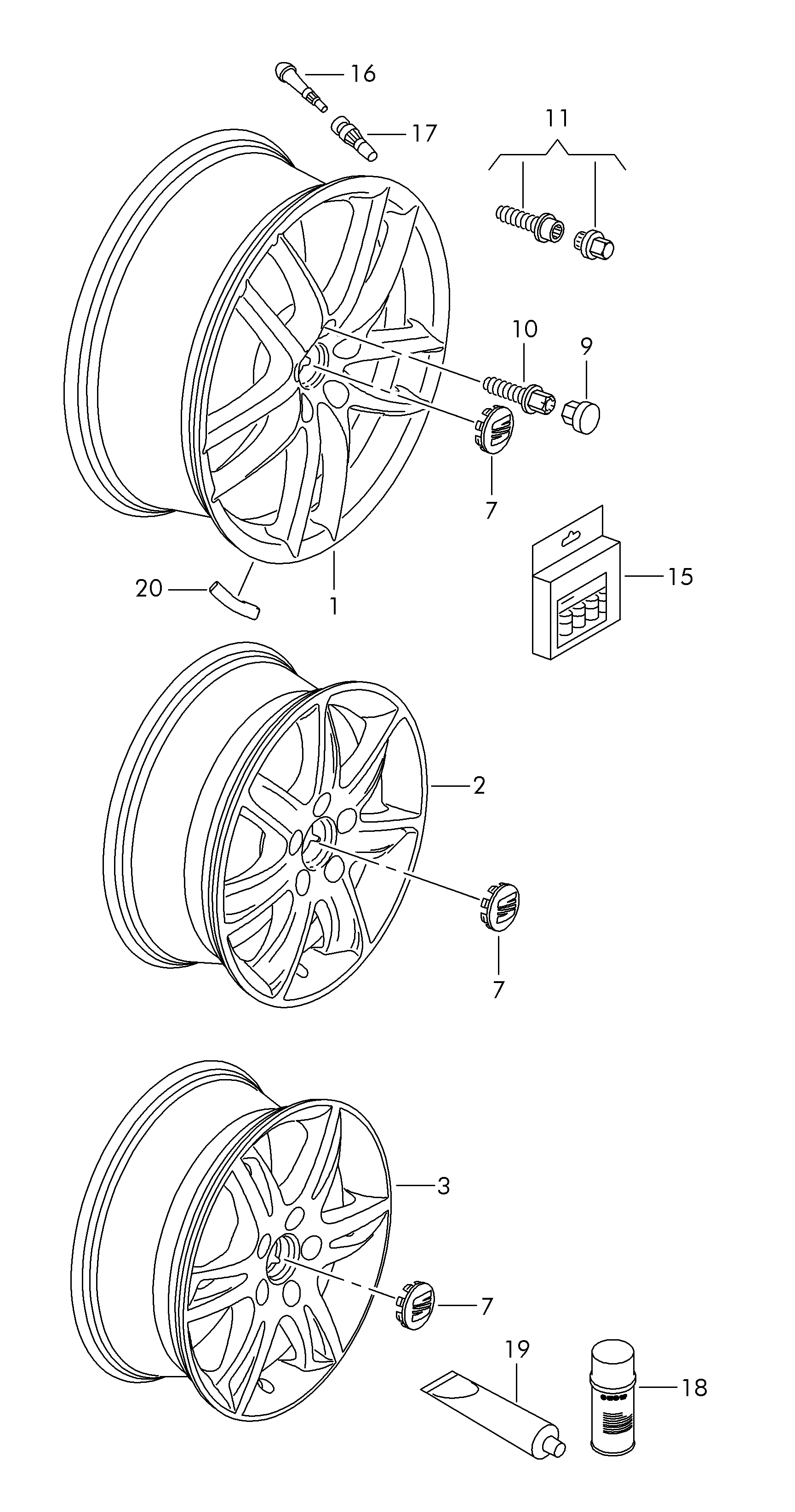 Схема ЕТКА Seat Алюминиевый диск;Колпак колеса;также см. иллюстрацию: ( Колёса, тормозная система) для Seat Leon/Leon 4 2008 (E)