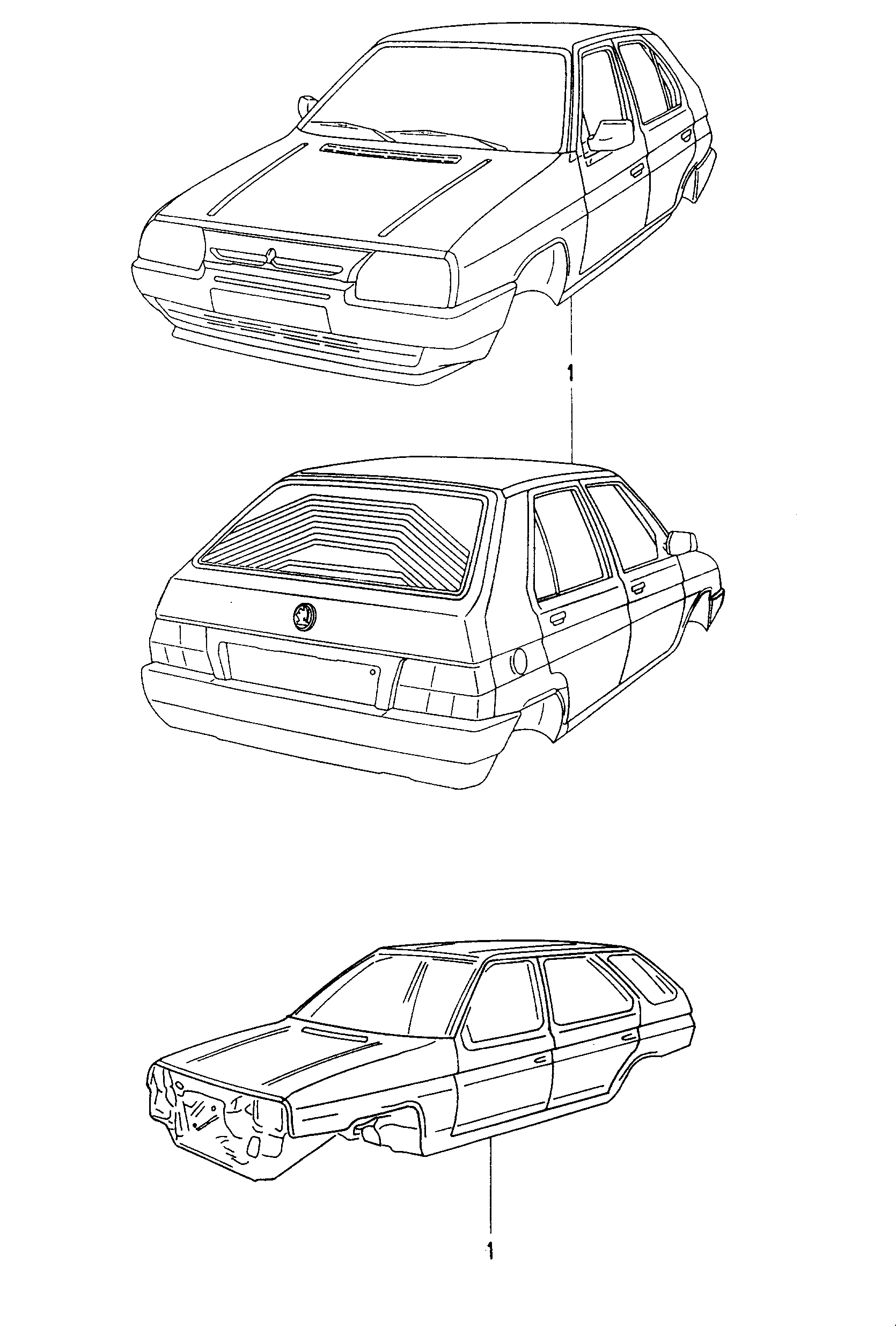 Схема ЕТКА Skoda Кузов в сборе, окрашенный, с салоном, без двигателя,  коробки передач и подвесок (Кузов) для Skoda Favorit/Form./Pickup 1993  (Европа)