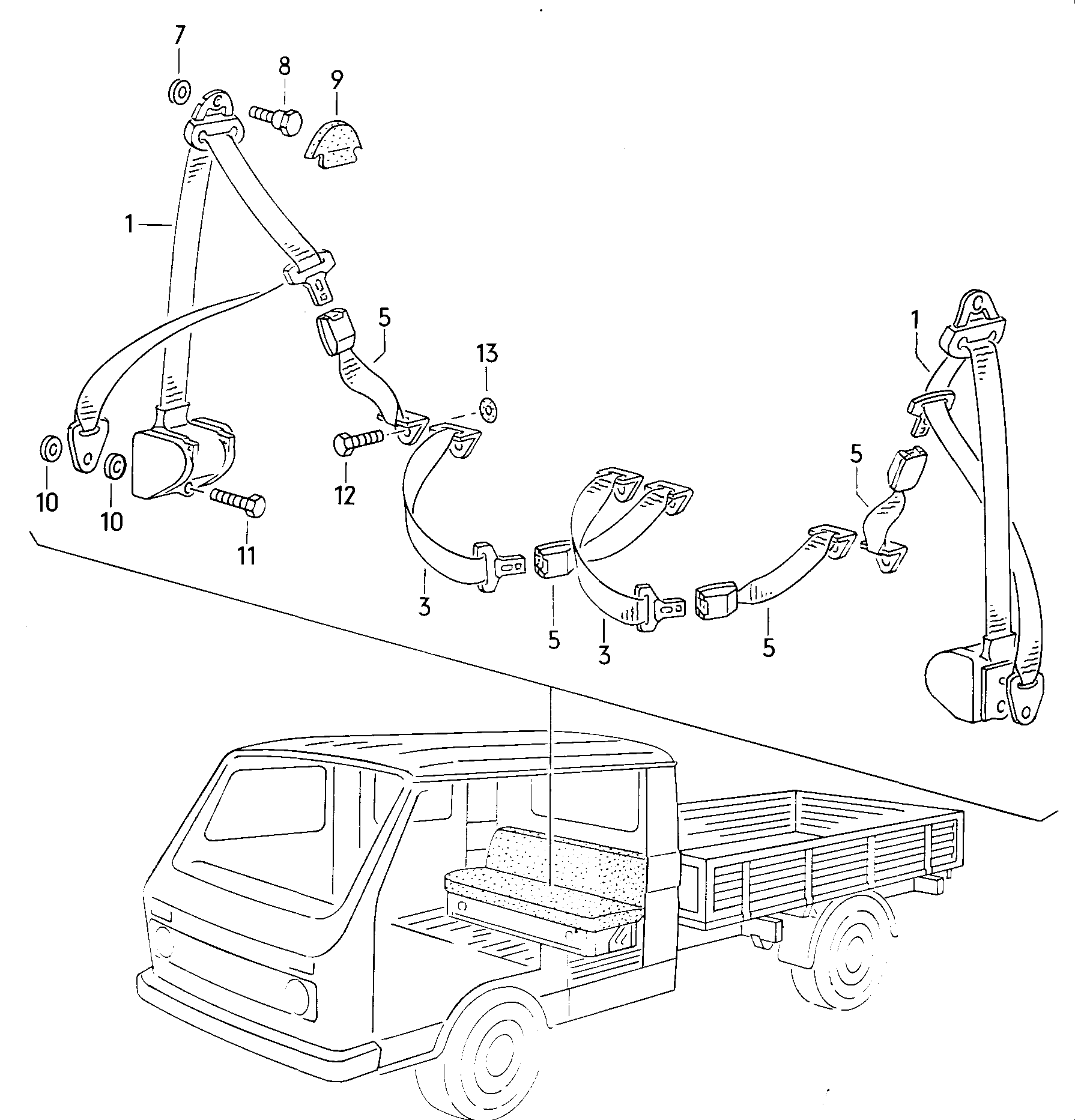 Схема ЕТКА Volkswagen 3-точечный ремень безопасности в пассажирском  салоне;Поясные ремни безопасности в салоне;для двойной кабины (Кузов) для  Volkswagen LT, LT 4x4 1983 (Европа)