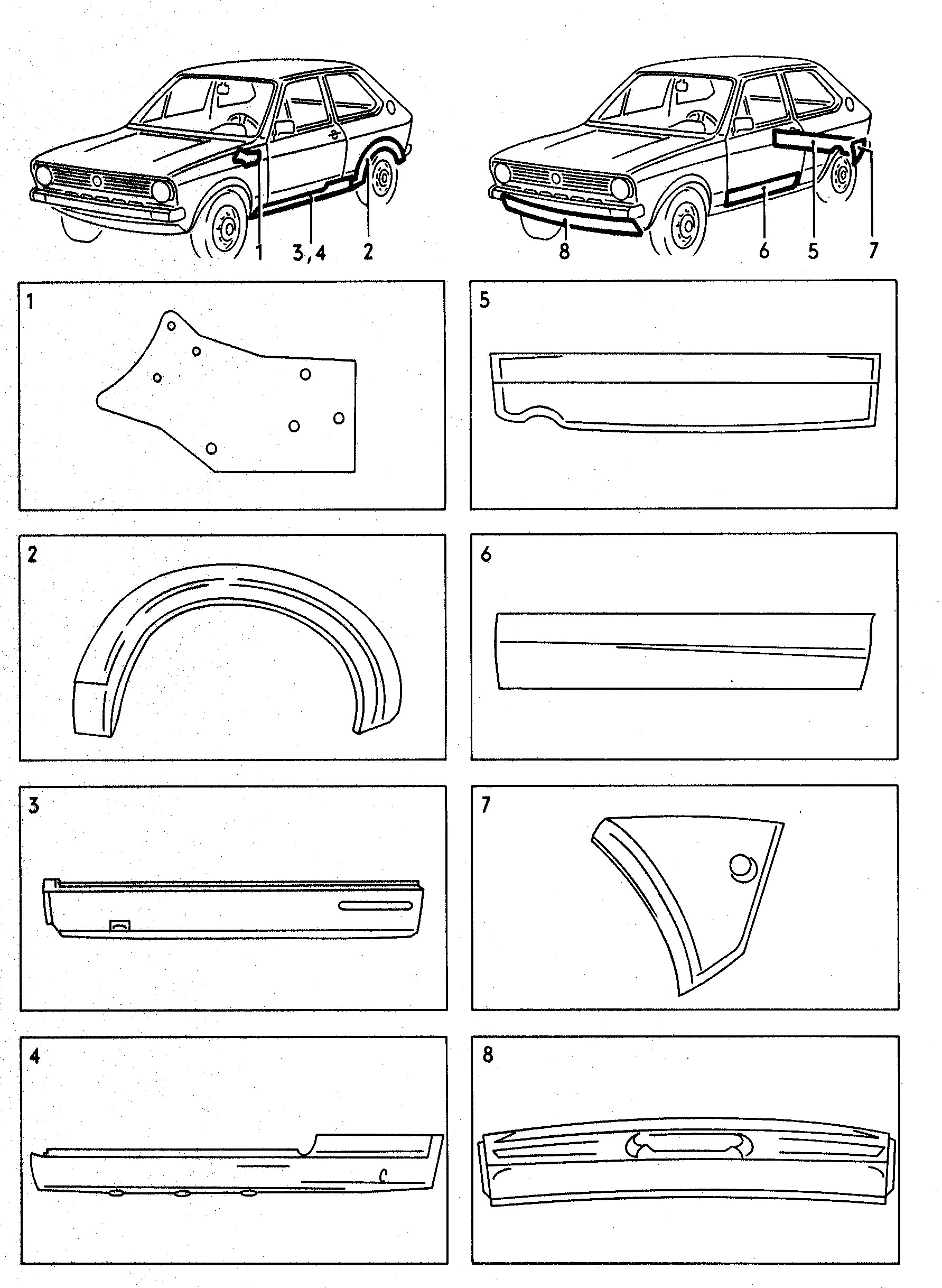 Схема ЕТКА Volkswagen Ремонтные детали кузова (Кузов) для Volkswagen  Polo/derby/Vento-IND 1976 (Европа)