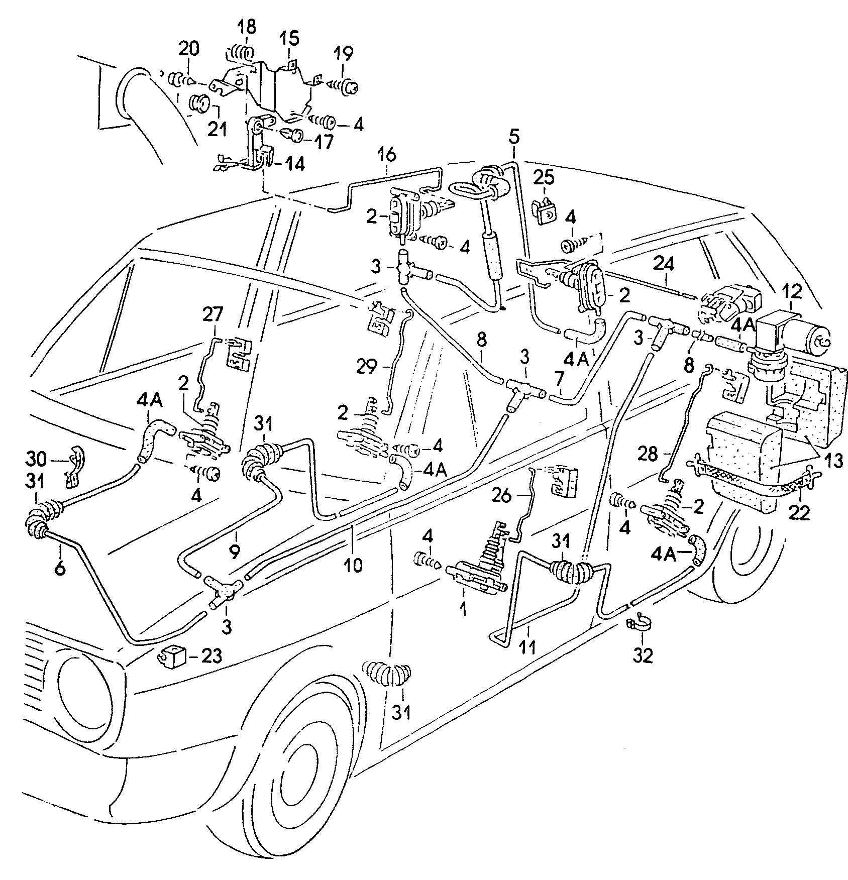 Схема ЕТКА Volkswagen Центральный замок (Кузов) для Volkswagen Golf 1989  (США)