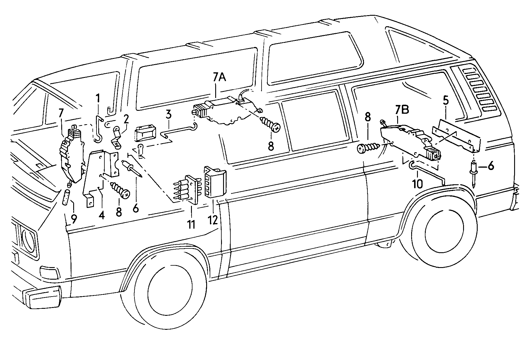 Схема ЕТКА Volkswagen Центральный замок (Кузов) для Volkswagen Vanagon  syncro 1989 (США)