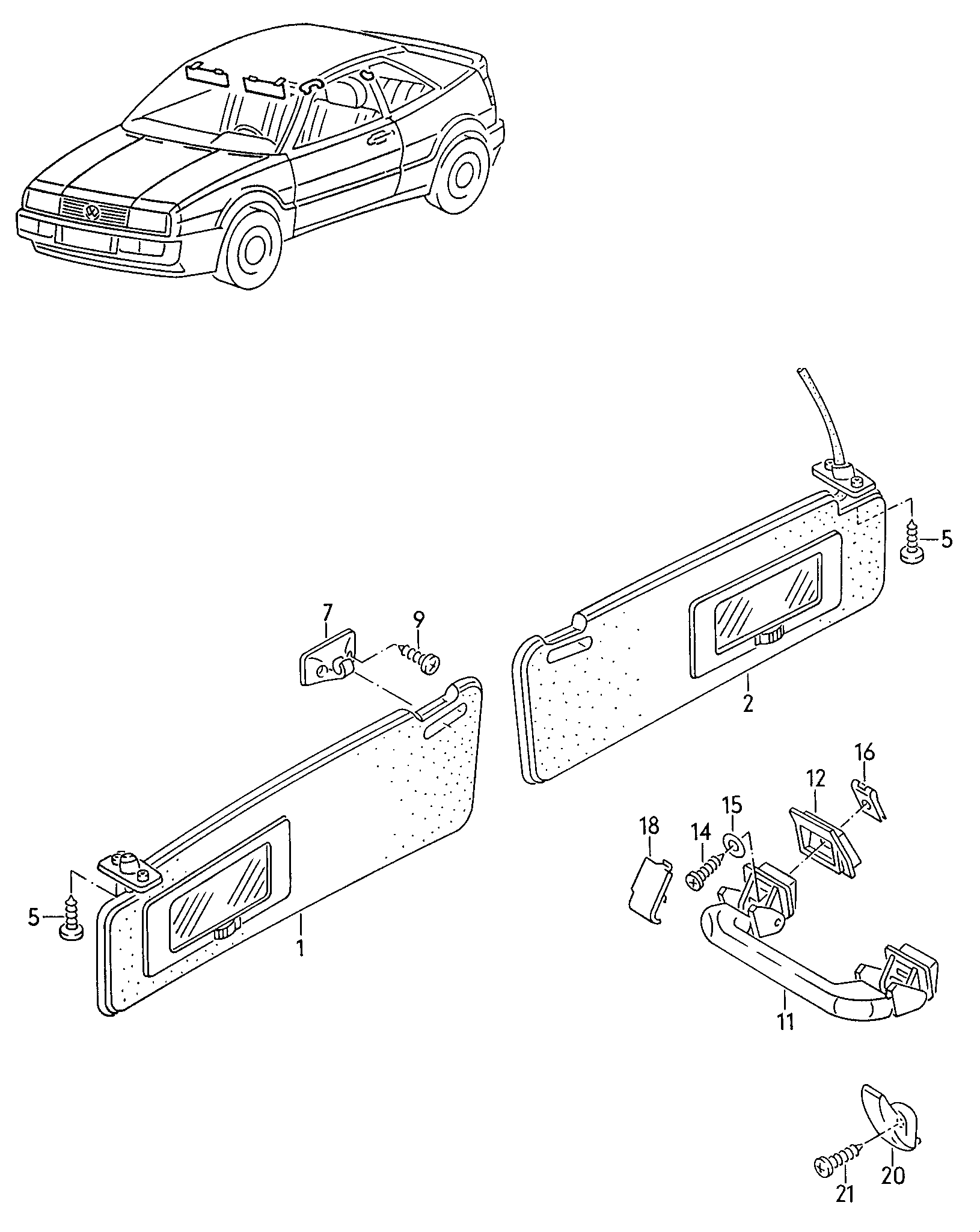 Схема ЕТКА Volkswagen Козырьки солнцезащитные;Pучка;Крючок для одежды  (Кузов) для Volkswagen Corrado 1989 (США)