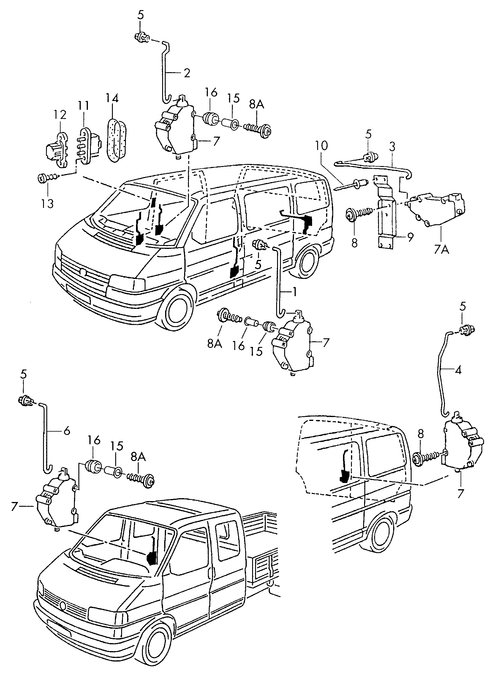 Схема ЕТКА Volkswagen Центральный замок (Кузов) для Volkswagen Transporter  2000 (Южная африка)