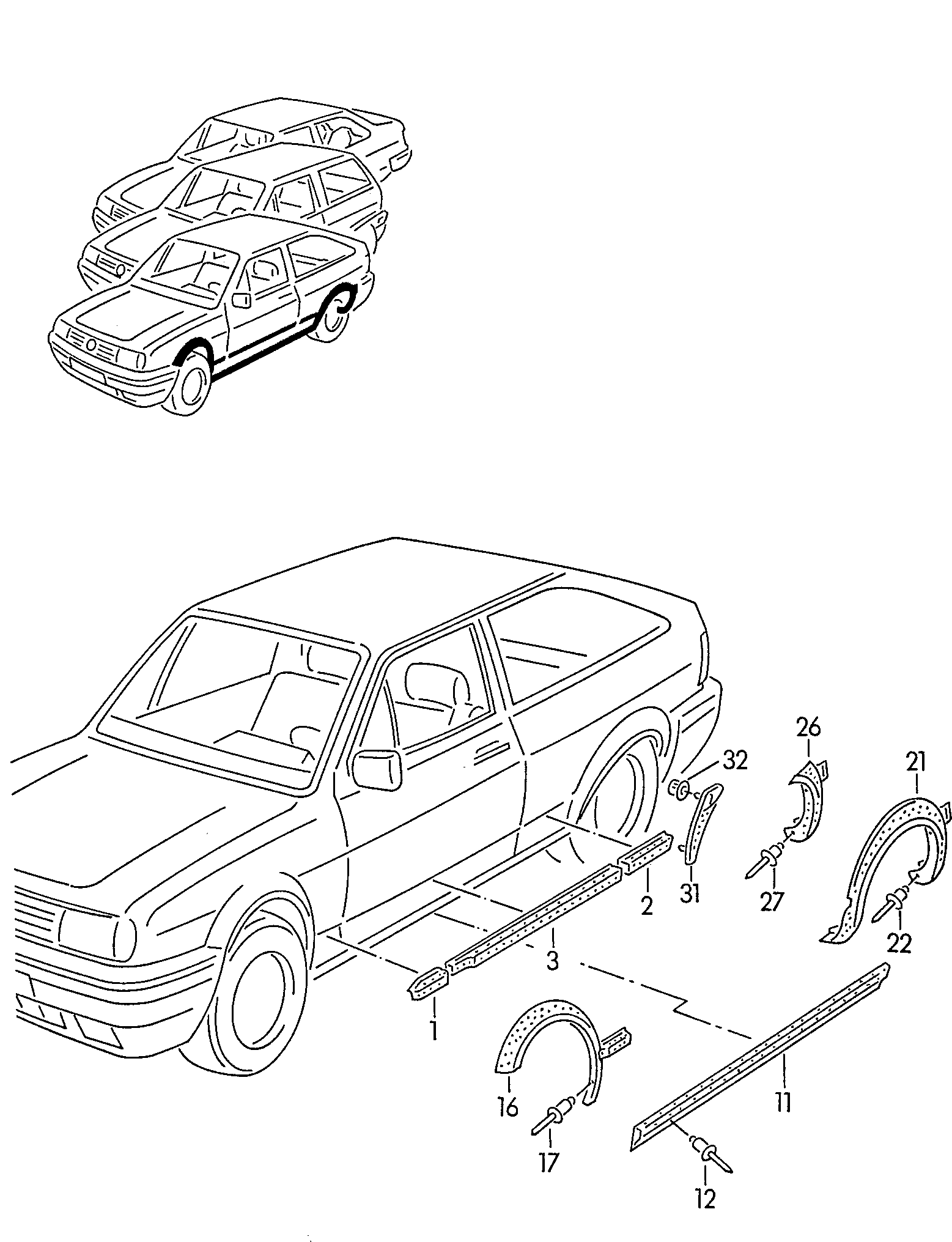 Схема ЕТКА Volkswagen Накл. для нар. конт.кол. арки;Защита от ударов камней  (Кузов) для Volkswagen Polo/derby/Vento-IND 1994 (Европа)