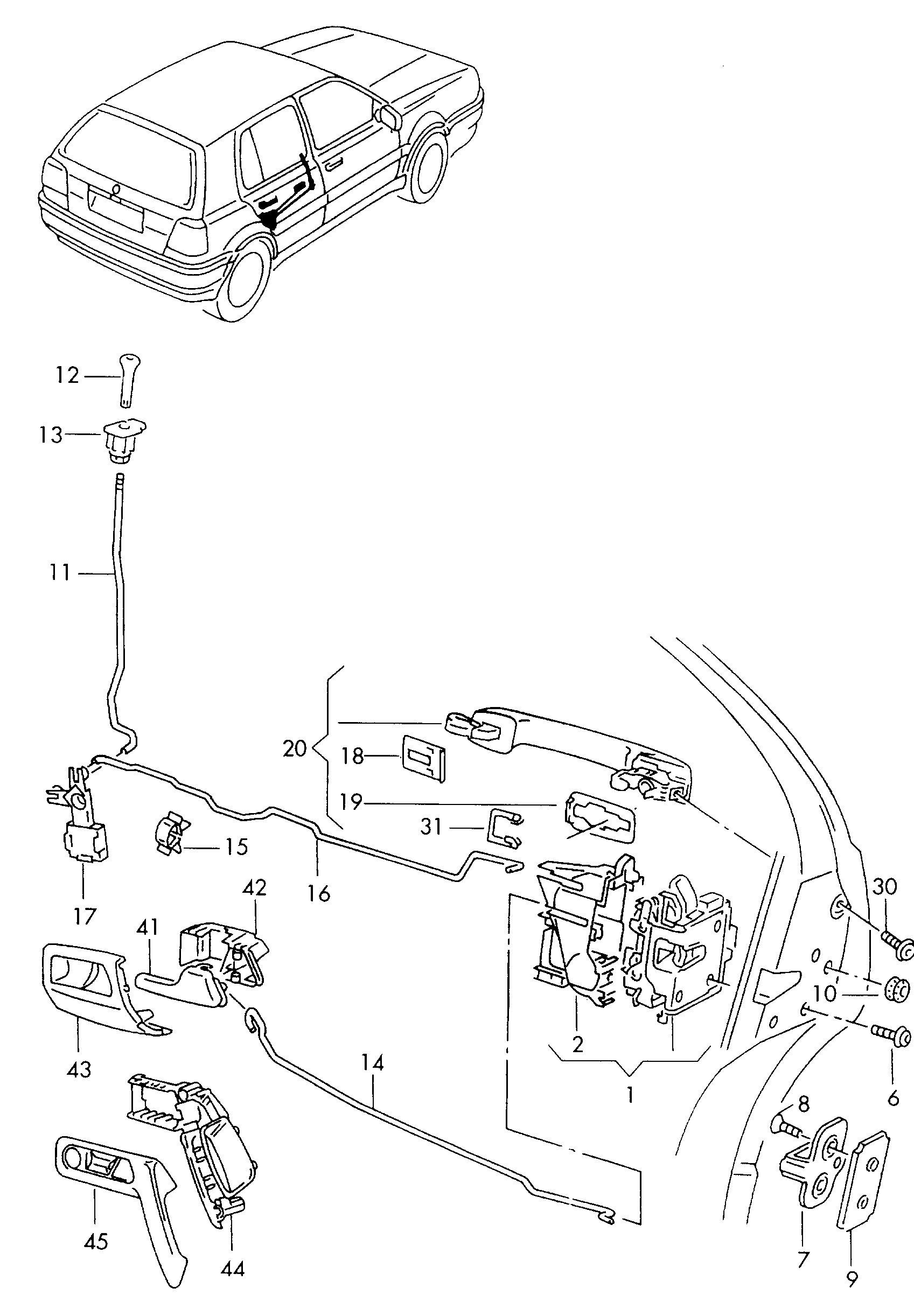 Схема ЕТКА Volkswagen Замок двери;Pычаг привода дверного замка;Pучка двери  снаружи (Кузов) для Volkswagen Golf/Var.-syn./Rall./Coun. 1993 (Европа)