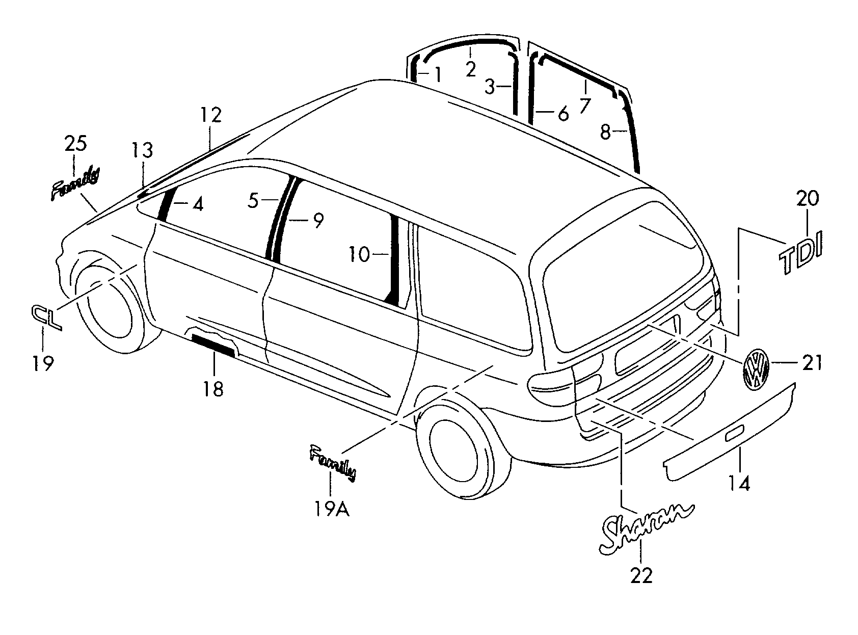 Схема ЕТКА Volkswagen Декор. пленка для задн. капота (Кузов) для Volkswagen  Sharan 2000 (Южная африка)