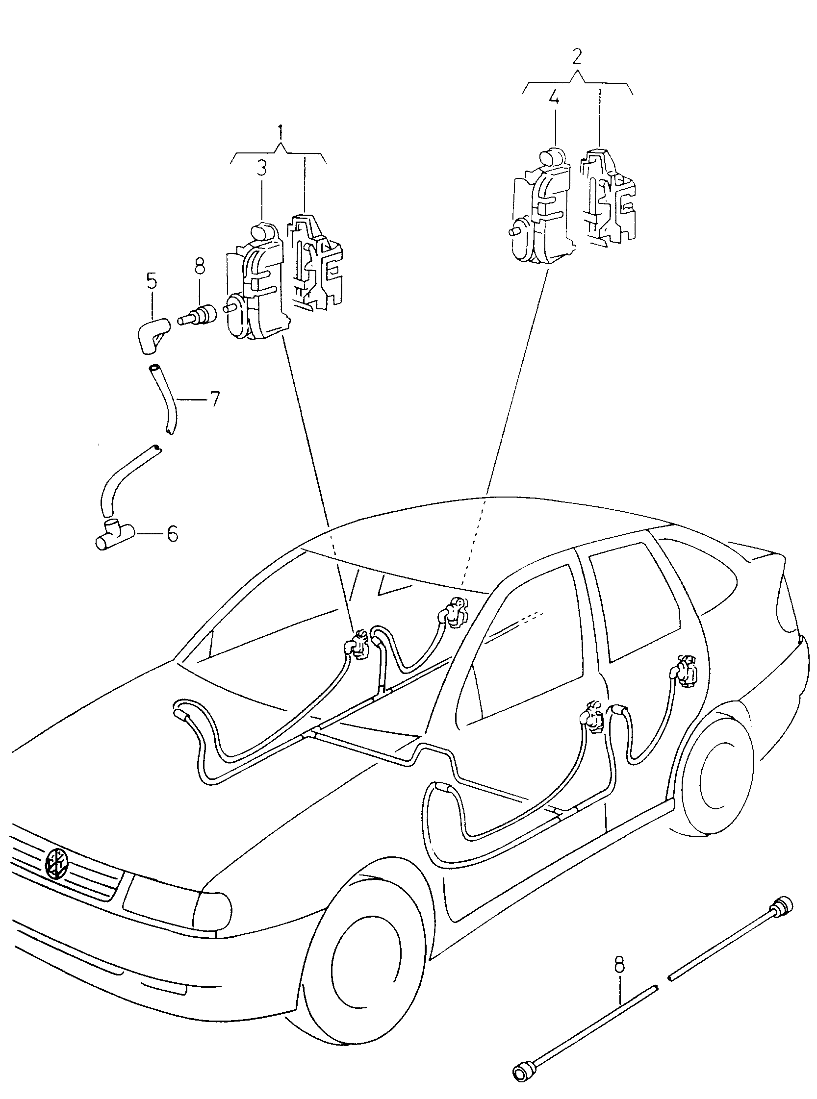 Схема ЕТКА Volkswagen Центральный замок для дверей (Кузов) для Volkswagen  Polo Classic/Variant 1998 (Европа)