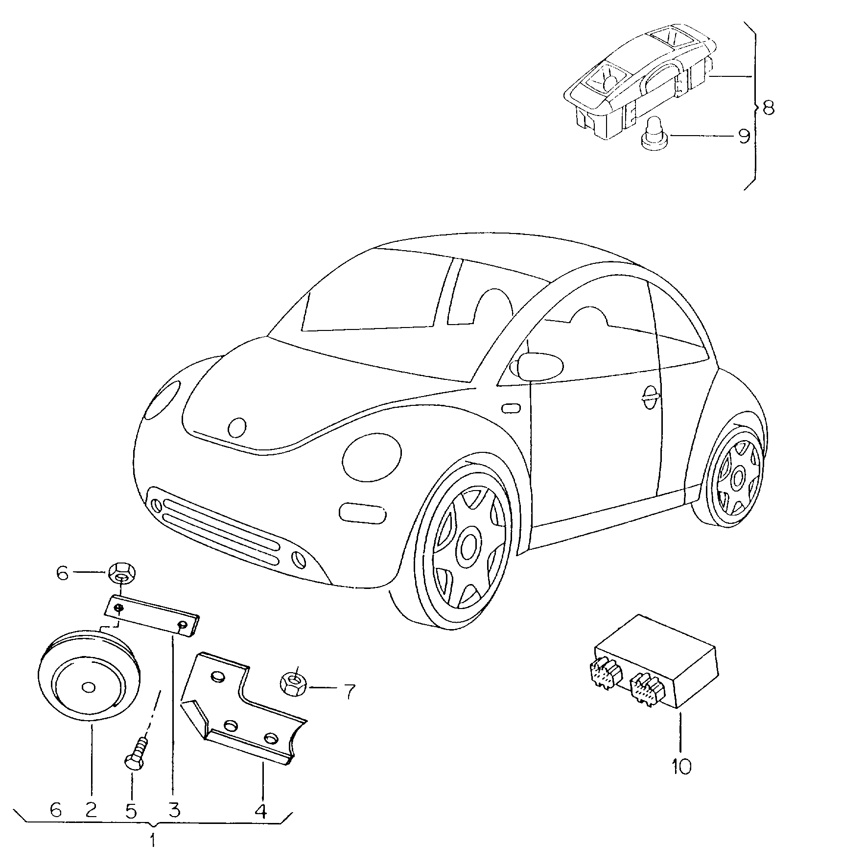 Схема ЕТКА Volkswagen Звуковой сигнал;Cигнал звуковой;Противоугонная  система (Электрооборудование) для Volkswagen Beetle 1999 (Мексика)