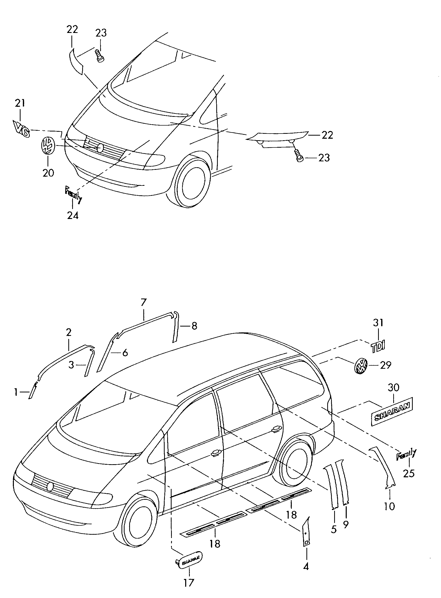 Схема ЕТКА Volkswagen Декоративная пленка для рамы дверного окна (Кузов)  для Volkswagen Sharan 2006 (Аргентина)