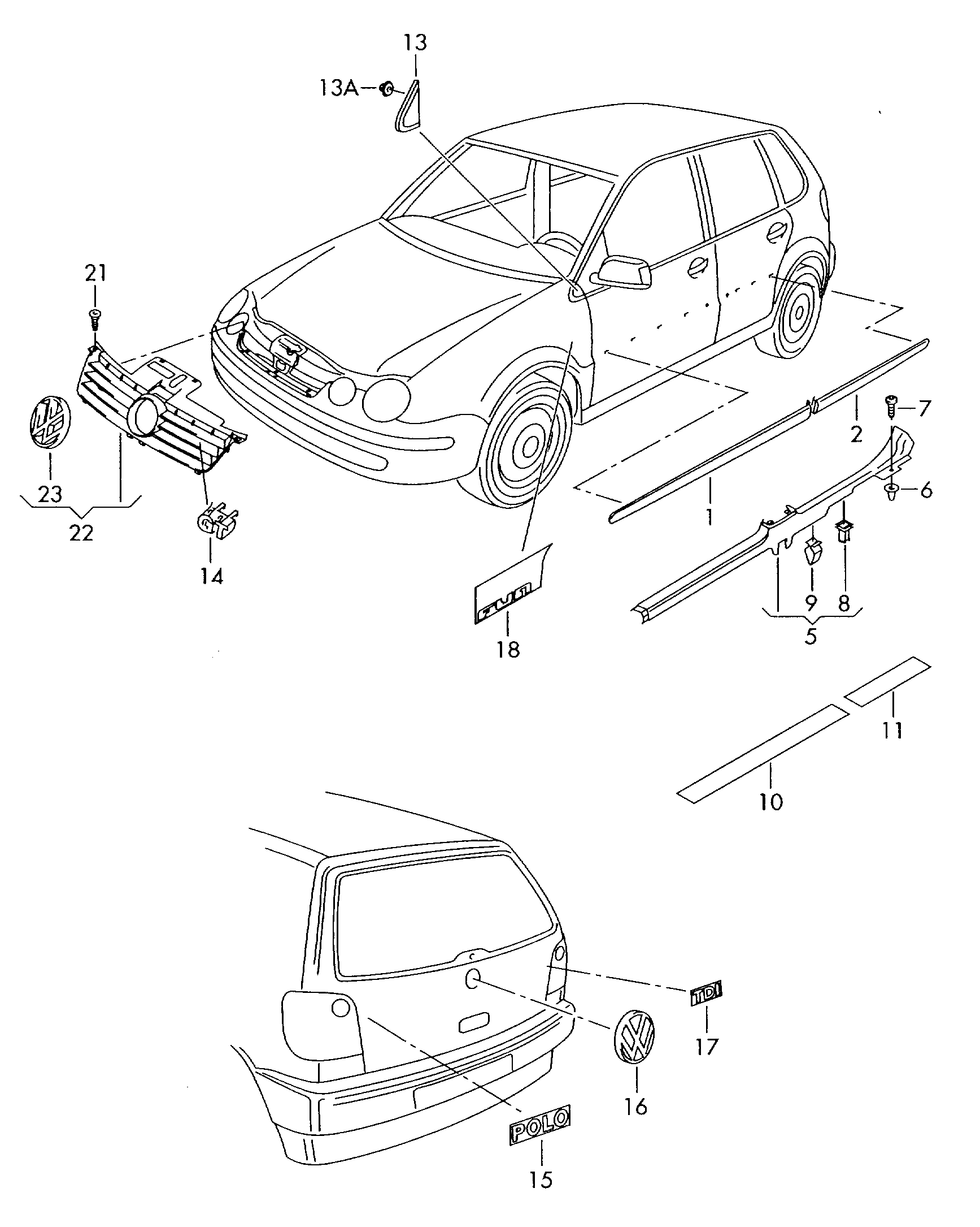 Схема ЕТКА Volkswagen Защитная плёнка порогов (Кузов) для Volkswagen Polo  Classic/Playa 2003 (Южная африка)