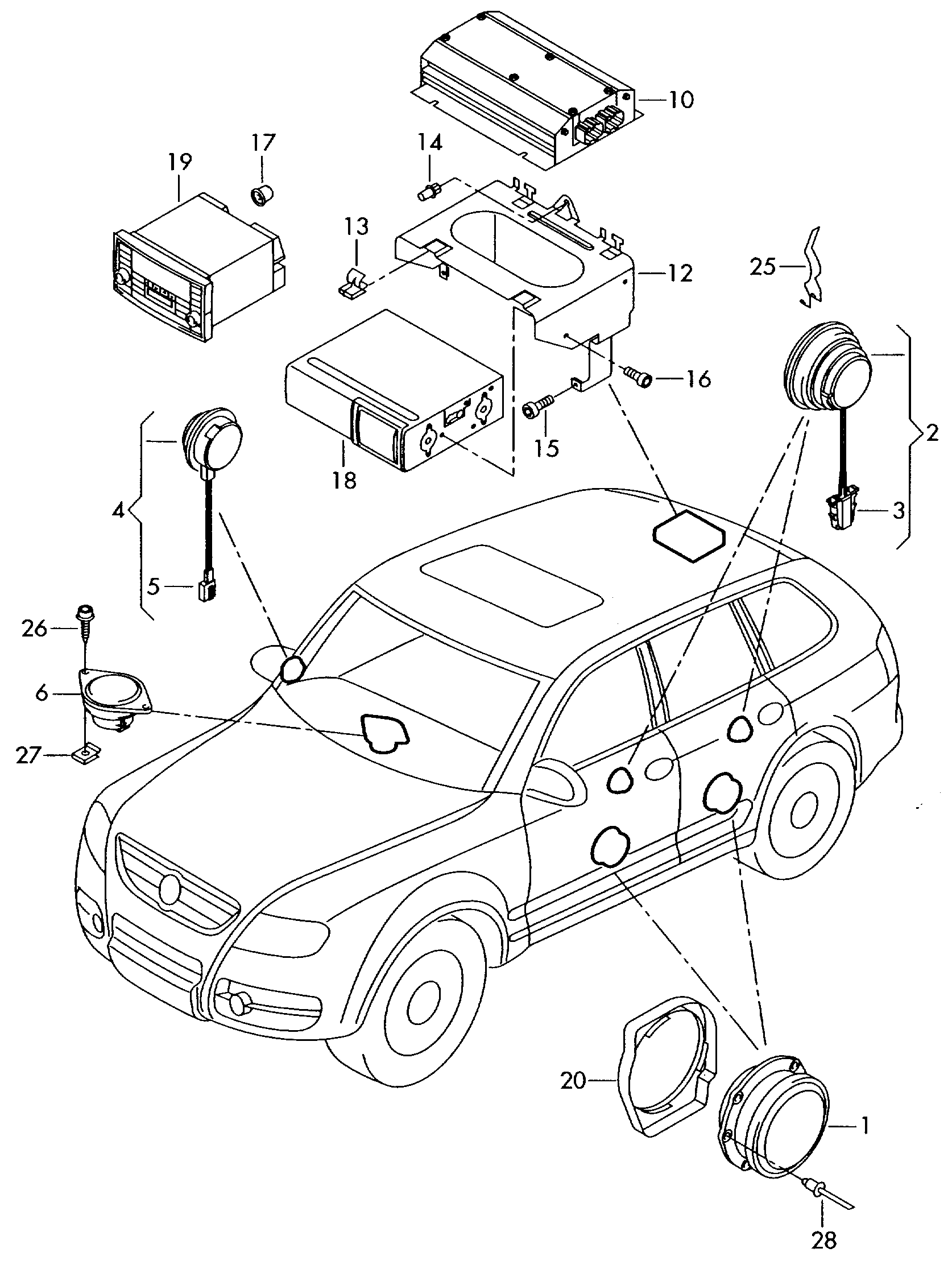 Схема ЕТКА Volkswagen Громкоговоритель;для автомобилей с 6 дина- миками  (Аксессуары, Infotainment) для Volkswagen Touareg 2004 (Аргентина)