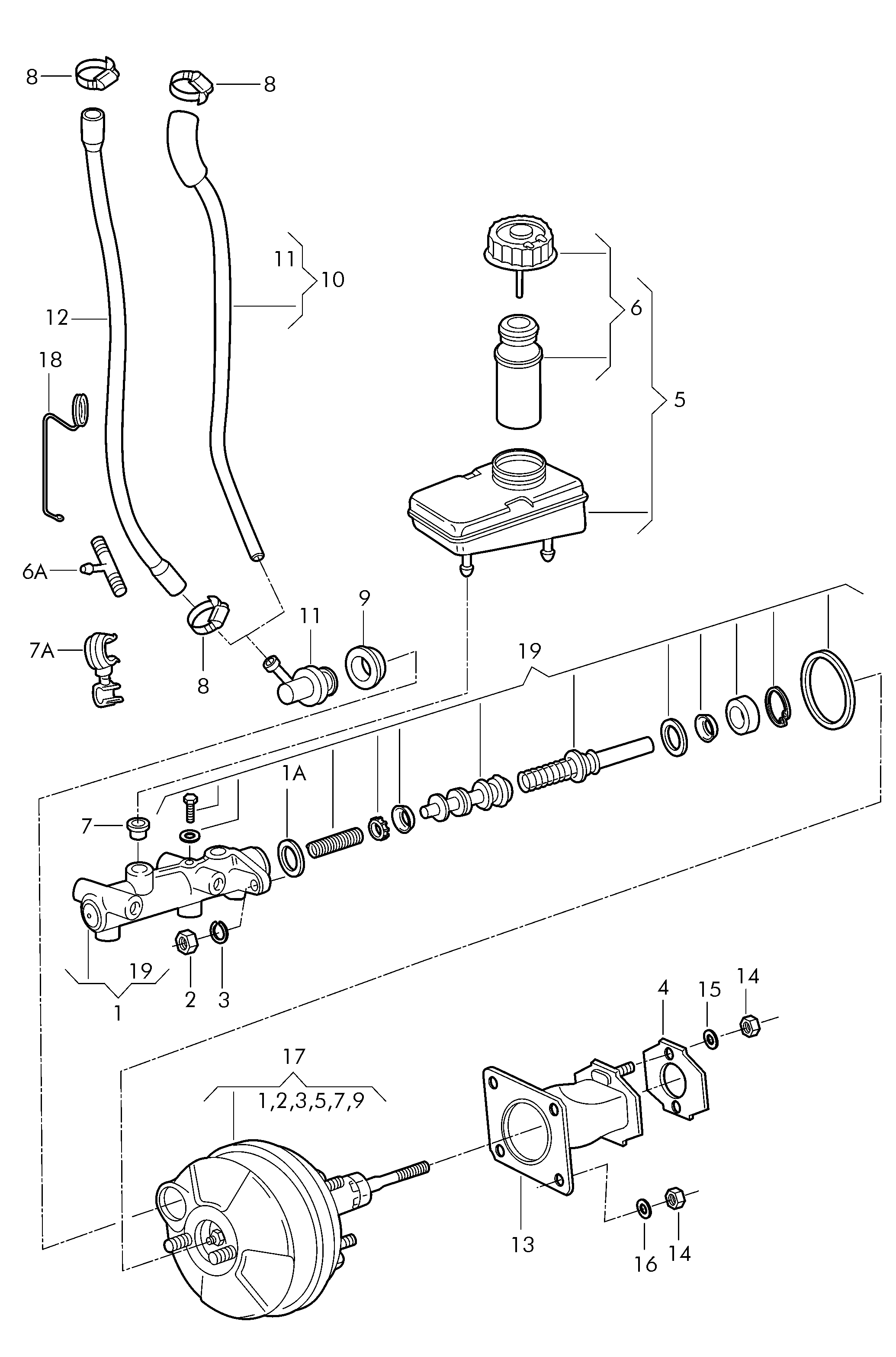 Схема ЕТКА Volkswagen Главный тормозной цилиндр;Бачок, компенсационный; Вакуумный шланг;Усилитель тормозного привода (Колёса, тормозная система)  для Volkswagen Pointer 2002 (Мексика)