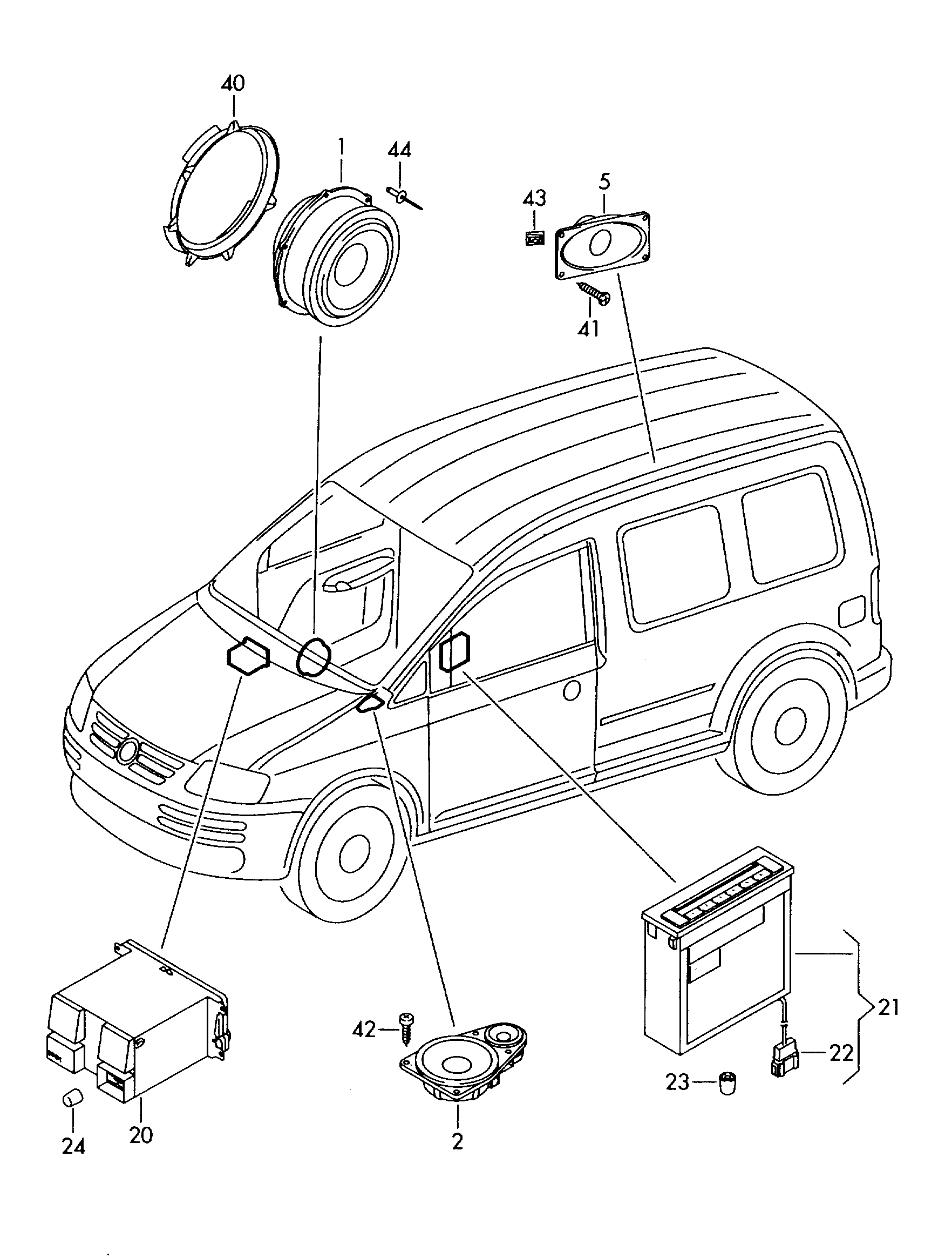 Схема ЕТКА Volkswagen Громкоговоритель;для автомобилей с 4 дина- миками  (Аксессуары, Infotainment) для Volkswagen Caddy 2009 (Южная африка)