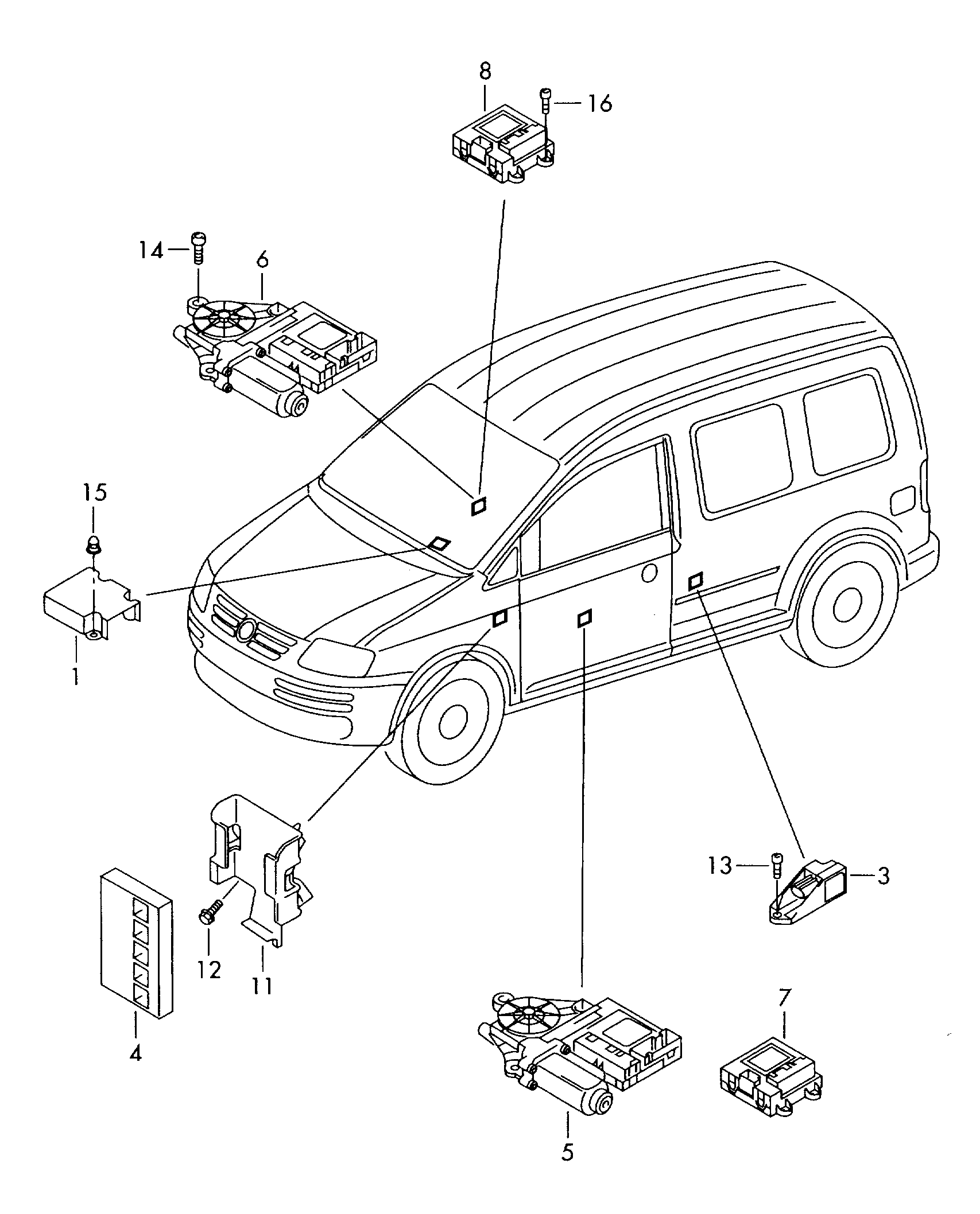 Схема ЕТКА Volkswagen Датчики подушек безопасности (Электрооборудование)  для Volkswagen Caddy 2010 (Южная африка)