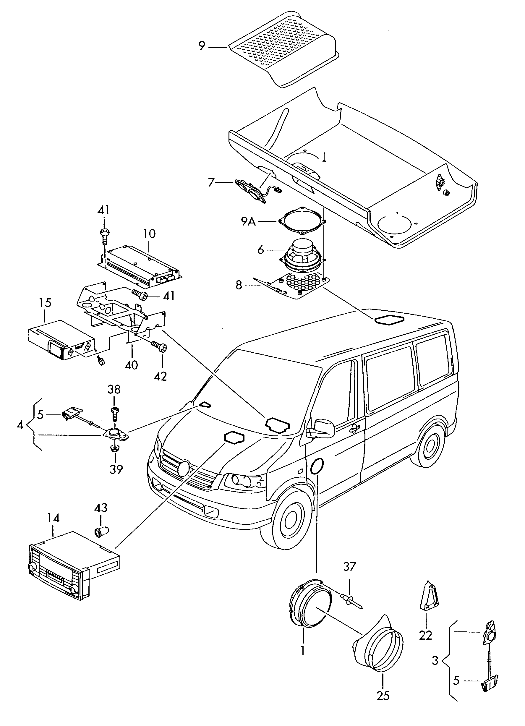 Схема ЕТКА Volkswagen Громкоговоритель;для автомобилей с 4 дина- миками  (Аксессуары, Infotainment) для Volkswagen Campmobil-T5 2008 (Южная африка)