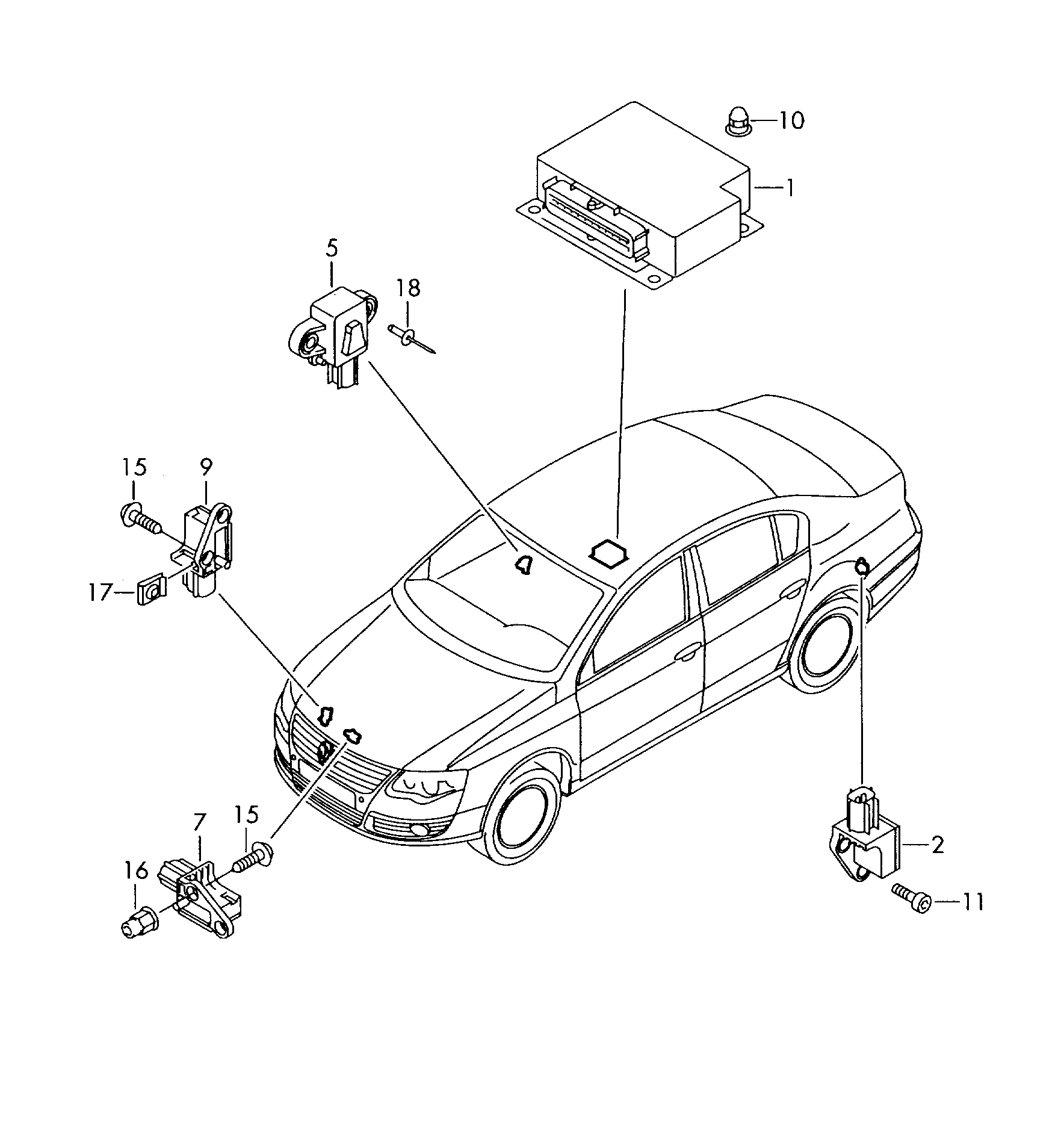 Схема ЕТКА Volkswagen Датчики подушек безопасности (Электрооборудование)  для Volkswagen Passat/Variant/4Motion 2009 (Южная африка)