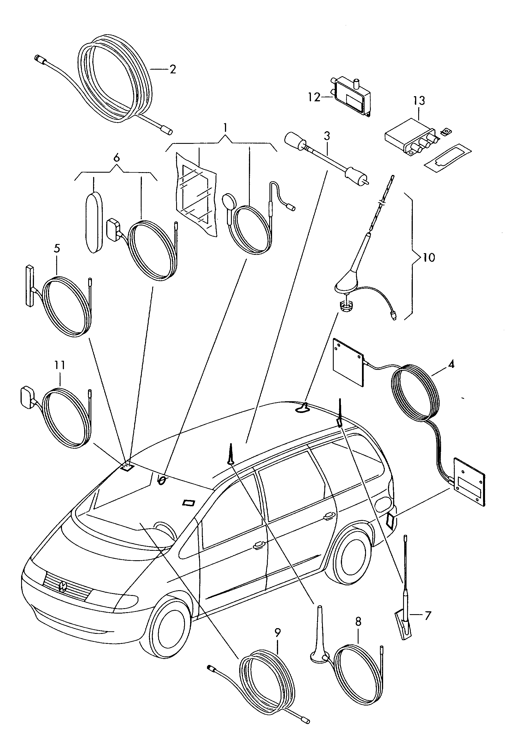 Схема ЕТКА Volkswagen Антенна на стекло (Аксессуары, Infotainment) для  Volkswagen Sharan 2006 (Южная африка)