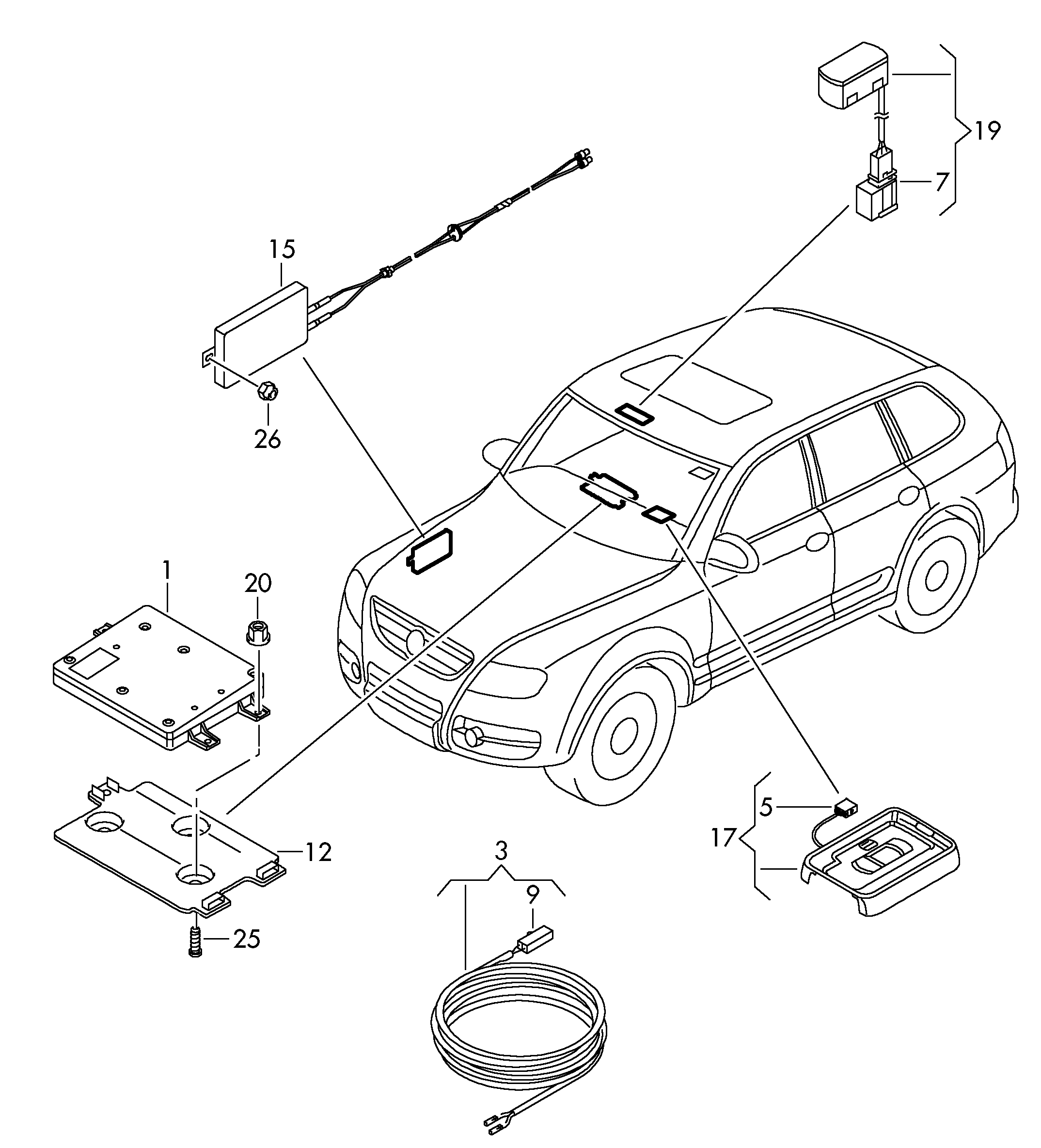 Схема ЕТКА Volkswagen Электрические детали комплекта для подключения  телефона (Аксессуары, Infotainment) для Volkswagen Touareg 2007 (Южная  африка)