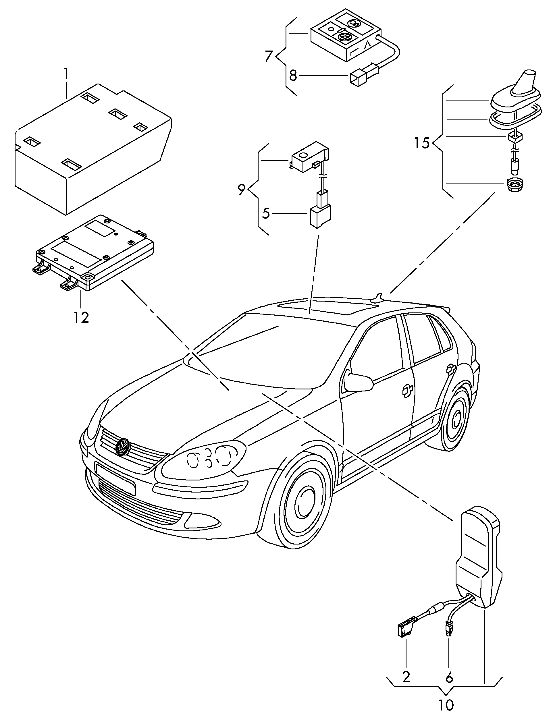 Схема ЕТКА Volkswagen Электрические детали комплекта для подключения  телефона (Аксессуары, Infotainment) для Volkswagen Golf/R32/GTI/Rabbit 2010  (США)