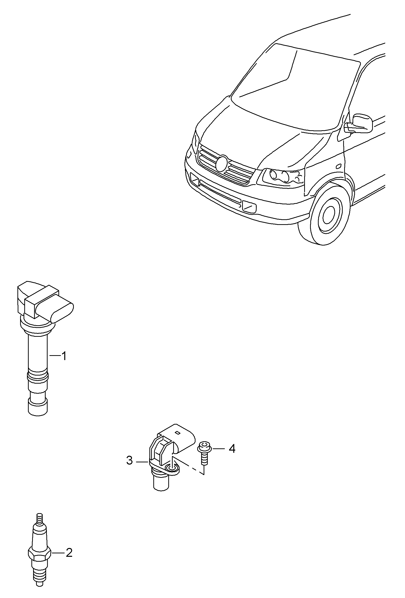 Схема ЕТКА Volkswagen Катушка зажигания;Cвеча зажигания;Датчик Холла  (Электрооборудование) для Volkswagen Transporter 2009 (Европа)