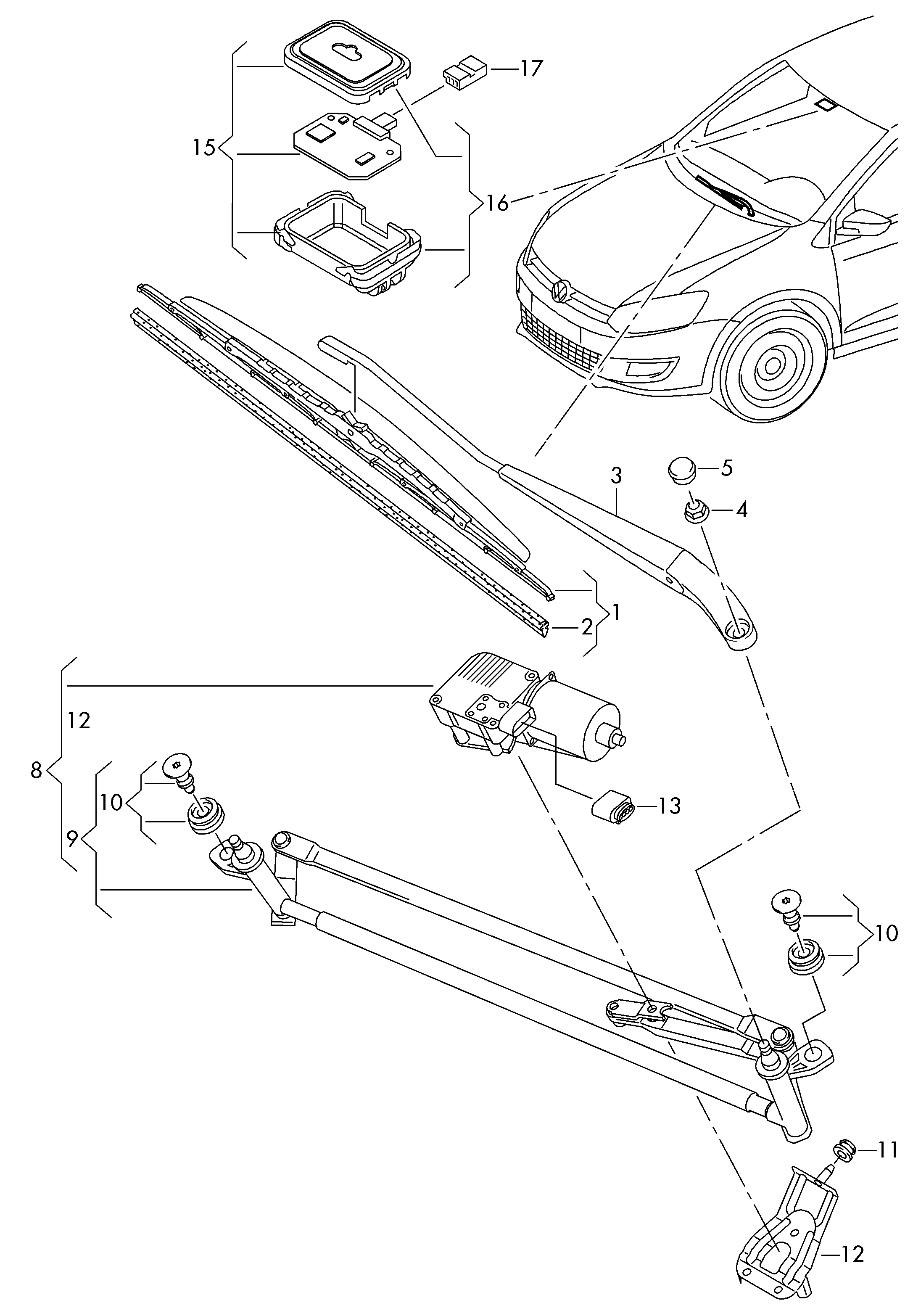 Схема ЕТКА Volkswagen Pычаг стеклоочистителя с щеткой стеклоочистителя  (Электрооборудование) для Volkswagen Polo 2016 (Аргентина)