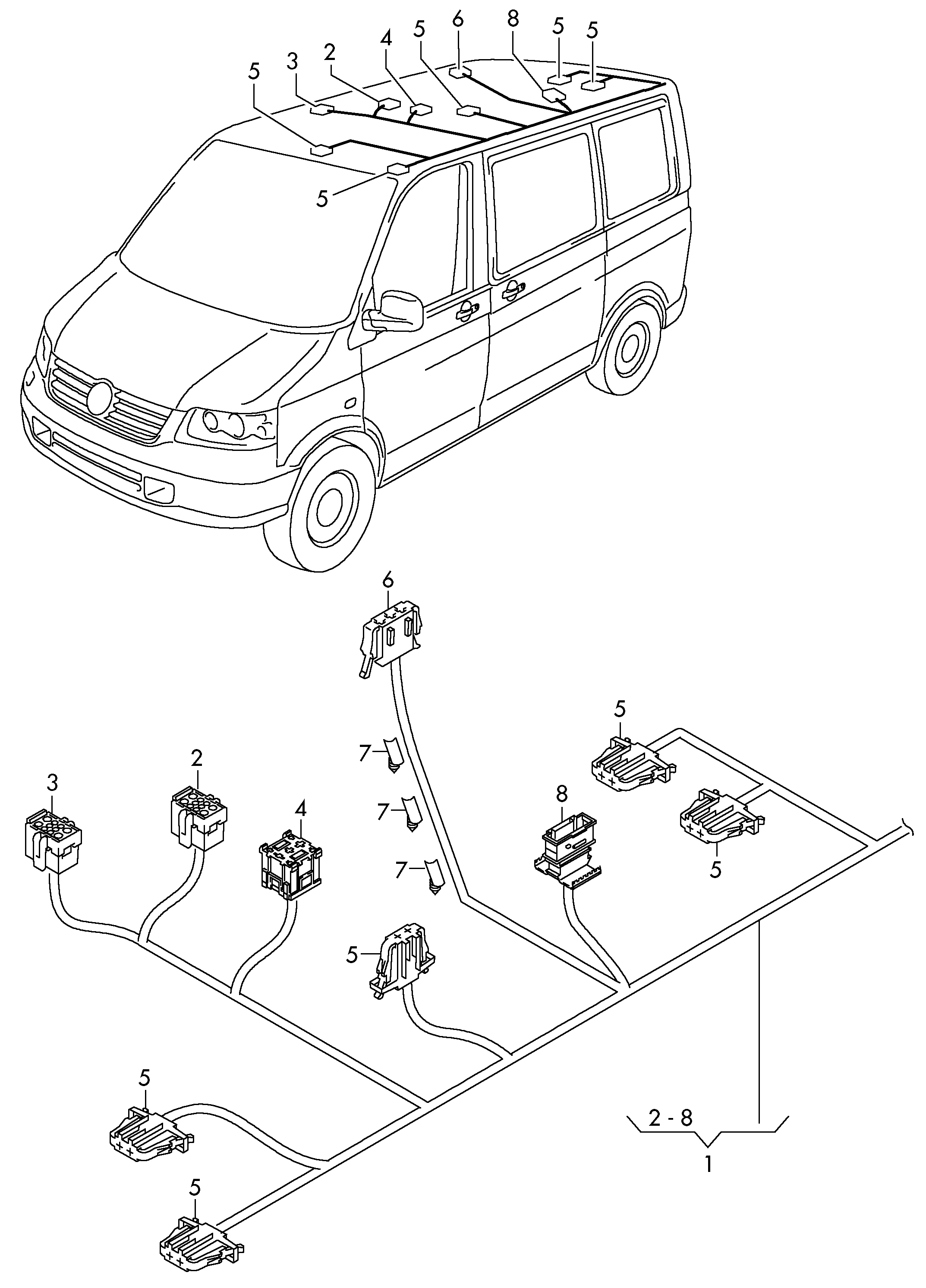 Схема ЕТКА Volkswagen Жгут проводов задний;Полицейские автомобили  (Электрооборудование) для Volkswagen Transporter 2011 (Южная африка)