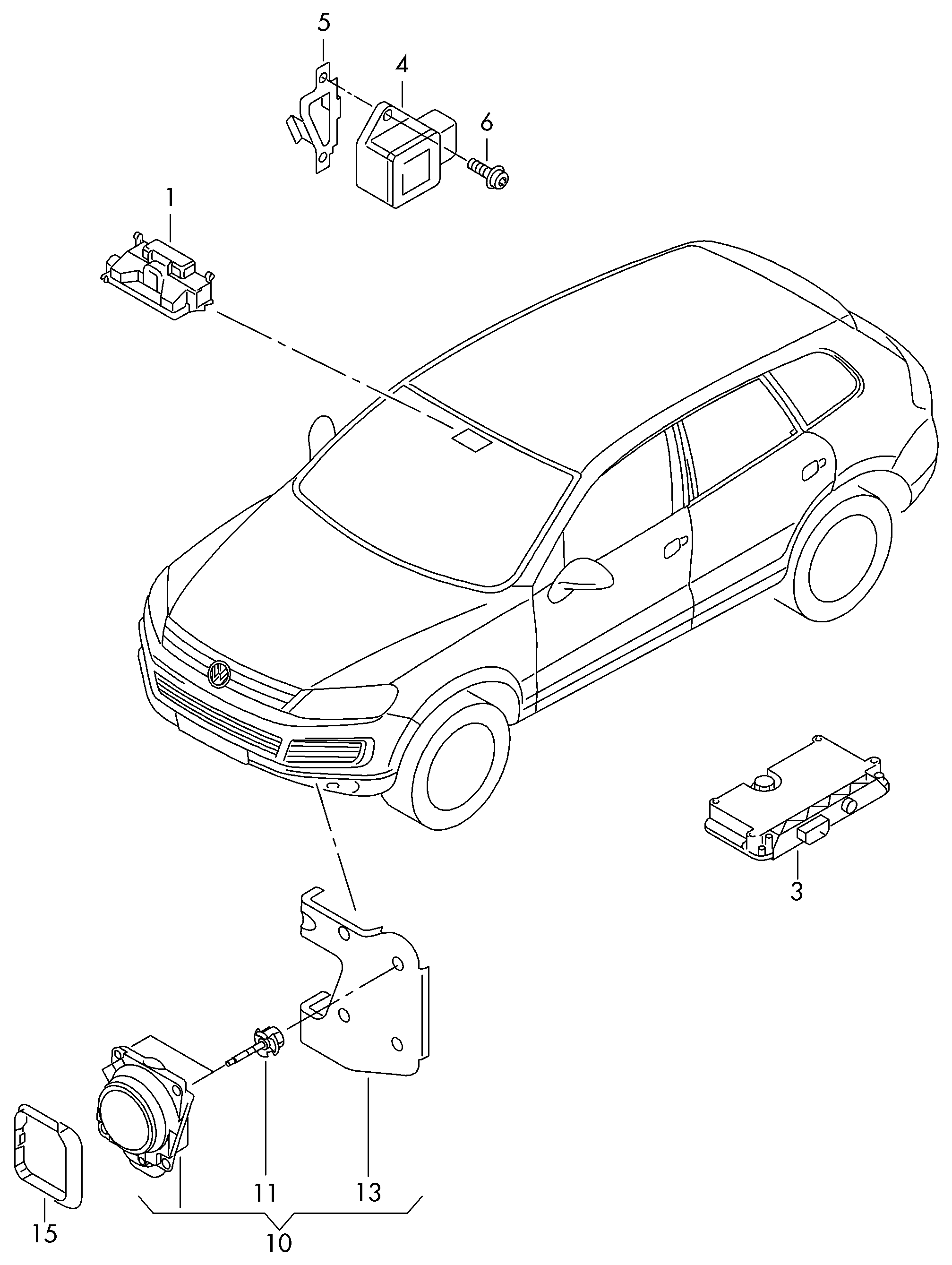 Схема ЕТКА Volkswagen Радарный датчик;Для а/м с адаптивным круиз-контролем  (Электрооборудование) для Volkswagen Touareg 2013 (Южная африка)