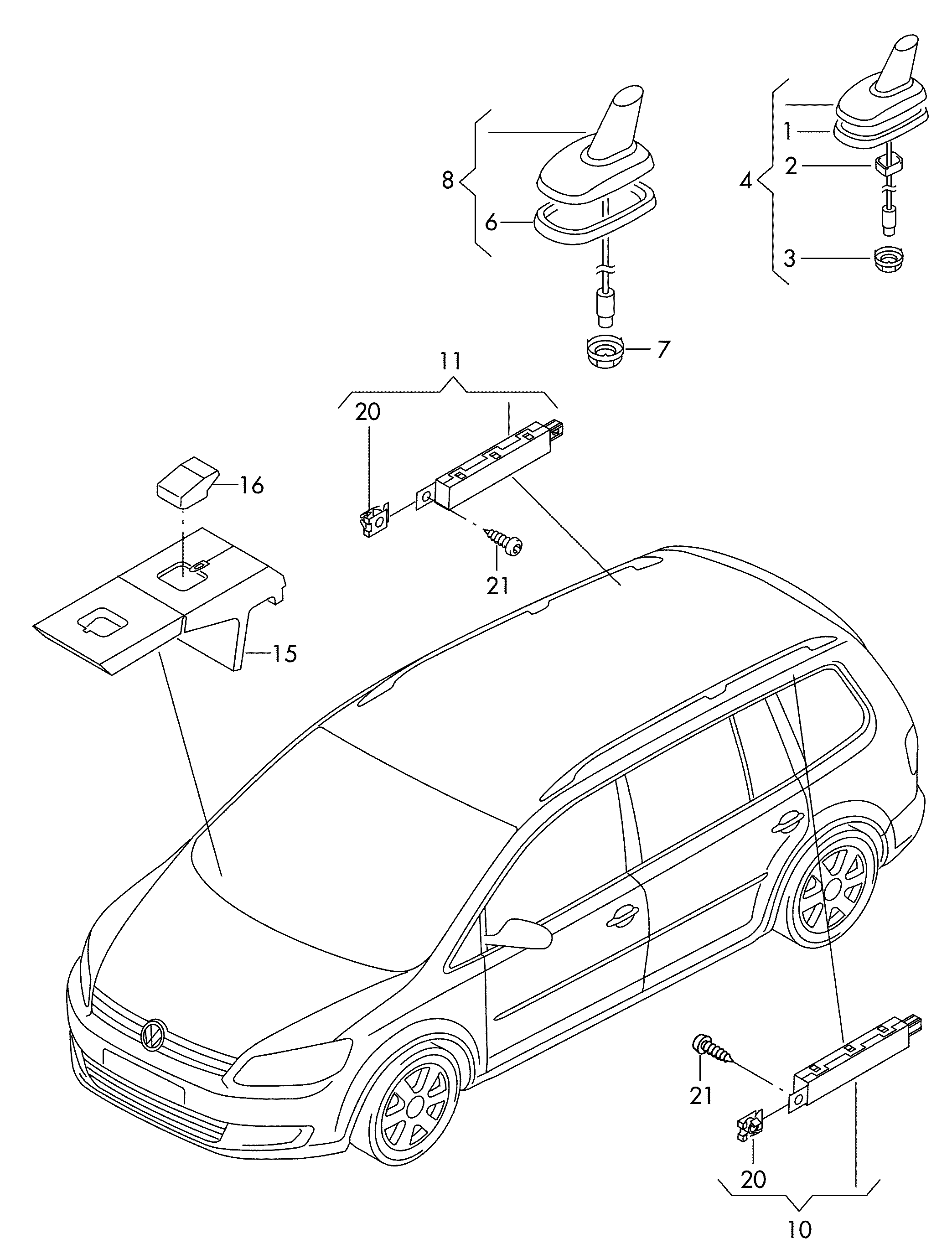 Схема ЕТКА Volkswagen Антенна для крыши;для а/м с системой навигации и  компл. для подкл. телефона (Аксессуары, Infotainment) для Volkswagen Touran  2015 (Европа)