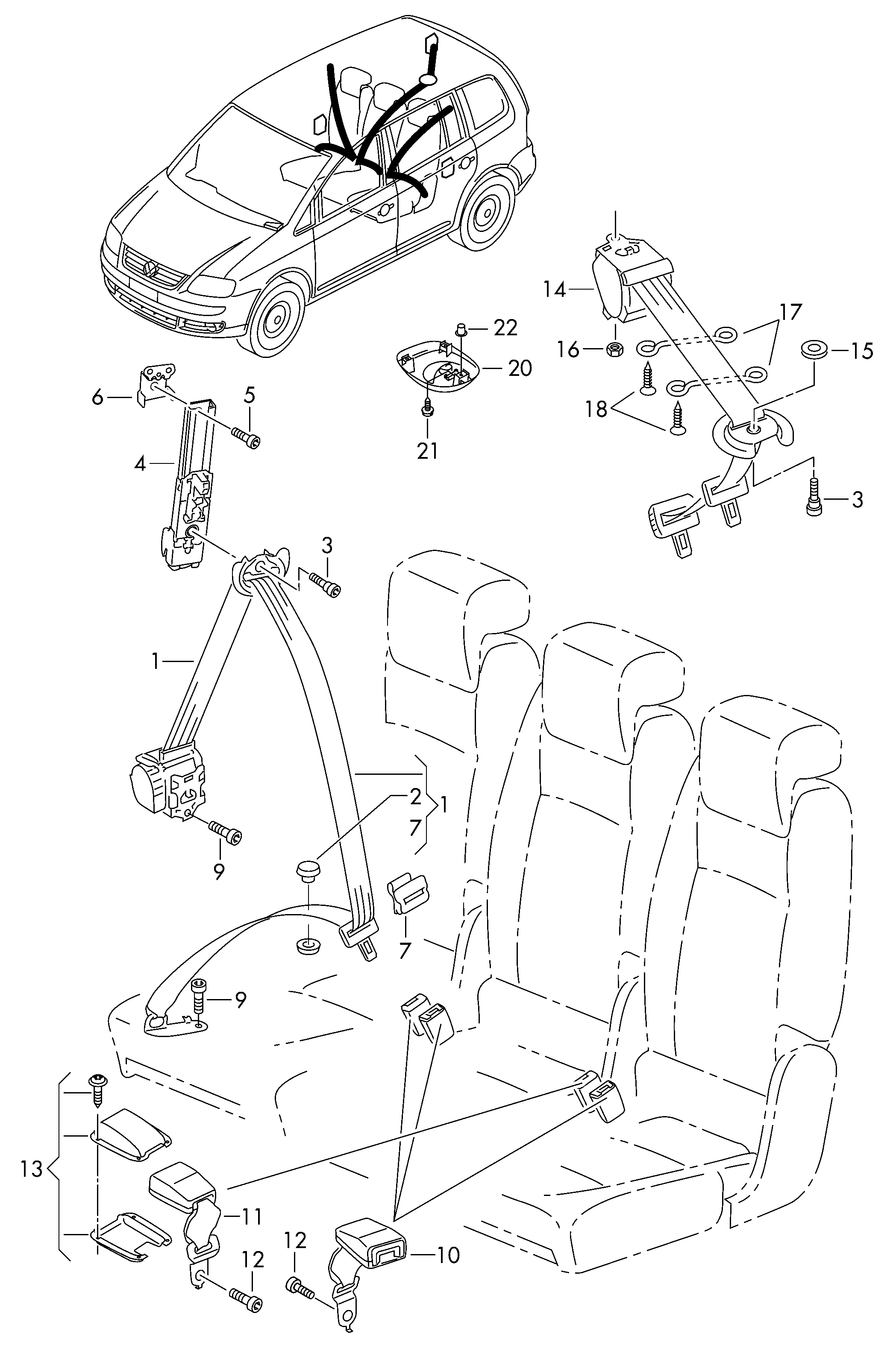 Схема ЕТКА Volkswagen 3-точечный ремень безопасности в пассажирском салоне  (Кузов) для Volkswagen Touran 2015 (Европа)
