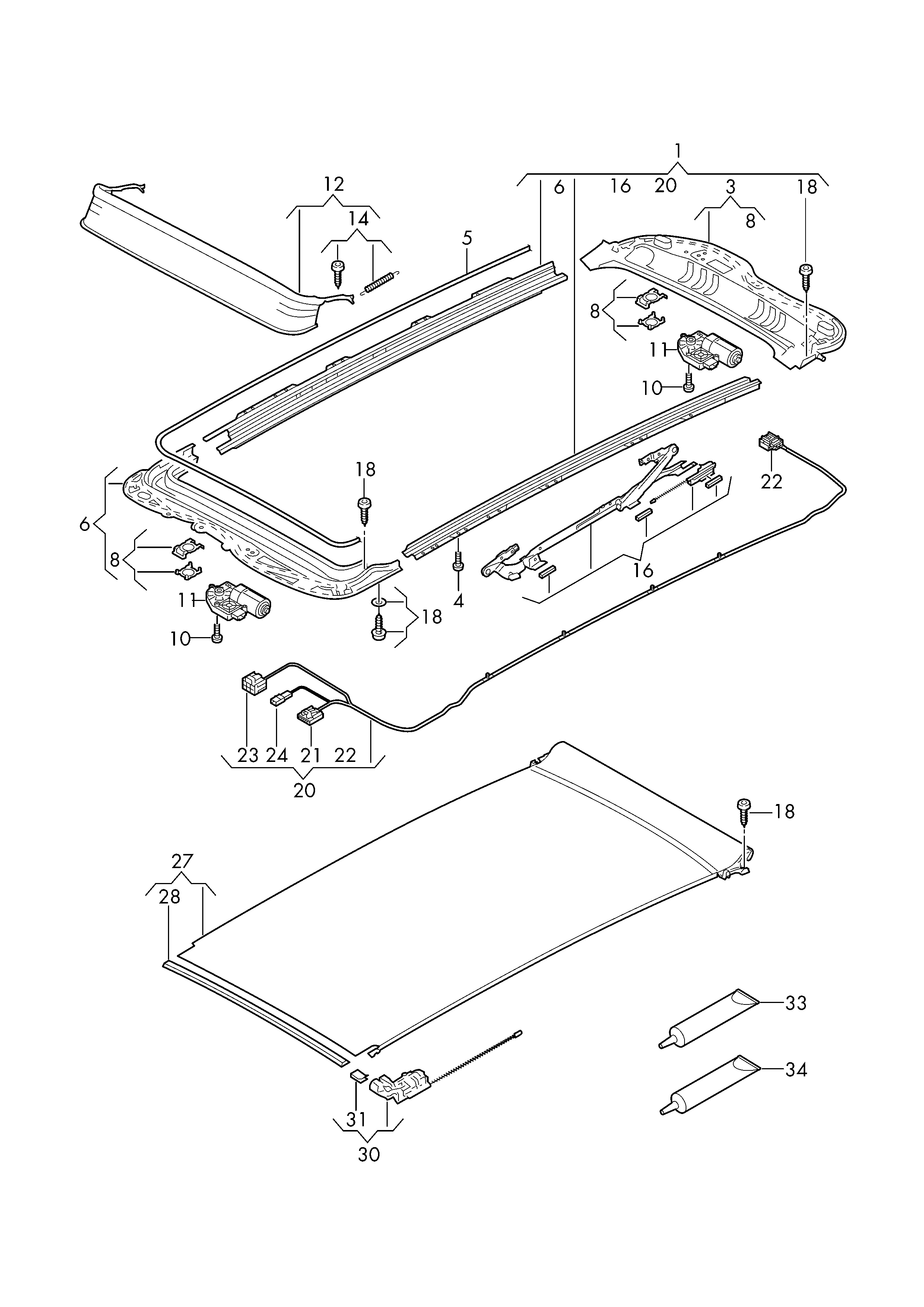 Схема ЕТКА Volkswagen Панорамная стеклянная крыша;Механизм для сдвига и  поднятия панорамного стеклянного люка;Шторка солнцезащитная (Кузов) для  Volkswagen Golf/Variant/4Motion 2016 (Европа)